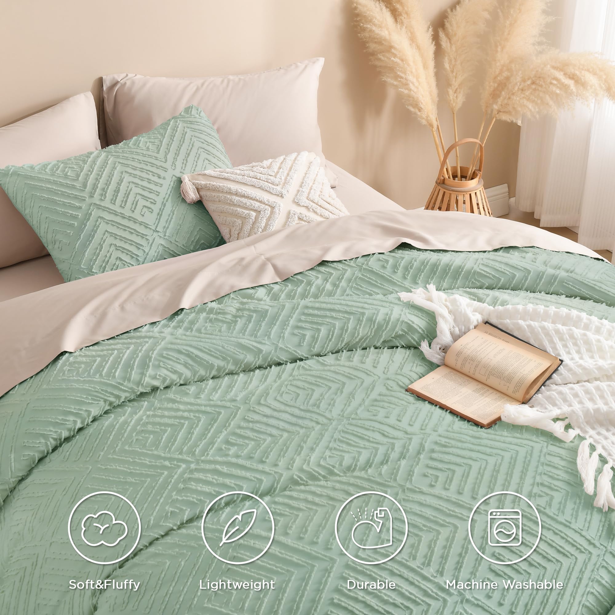Andency King Comforter Set, Sage Green Boho Lightweight And Fluffy Bedding Set For King Bed, 3 Pieces Tufted Farmhouse Design For All Seasons (104X90Inches, 1 Comforter And 2 Pillow Shams)
