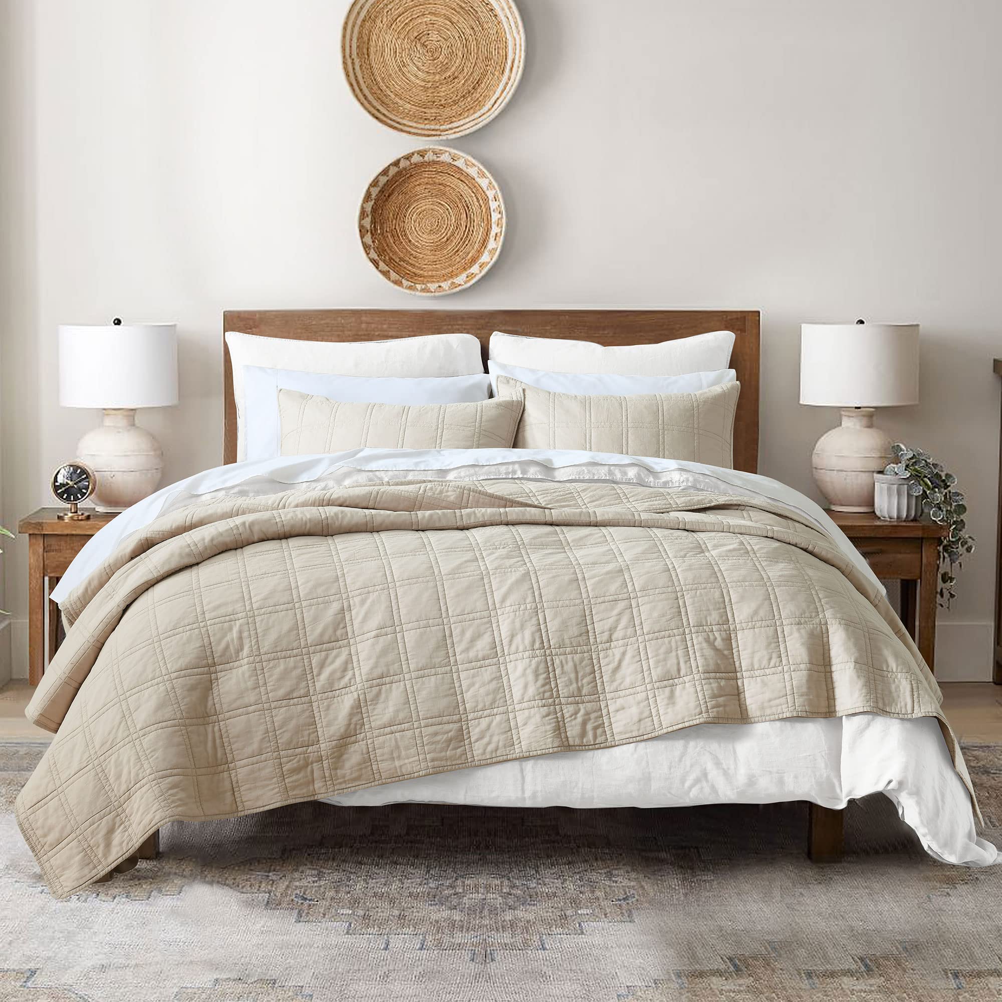 100 Cotton Quilt Queen Size Beige Bedspread, Pre-Washed 3-Piece Cozy Lightweight Stitching Decorative Bedding Cover Coverlet Set
