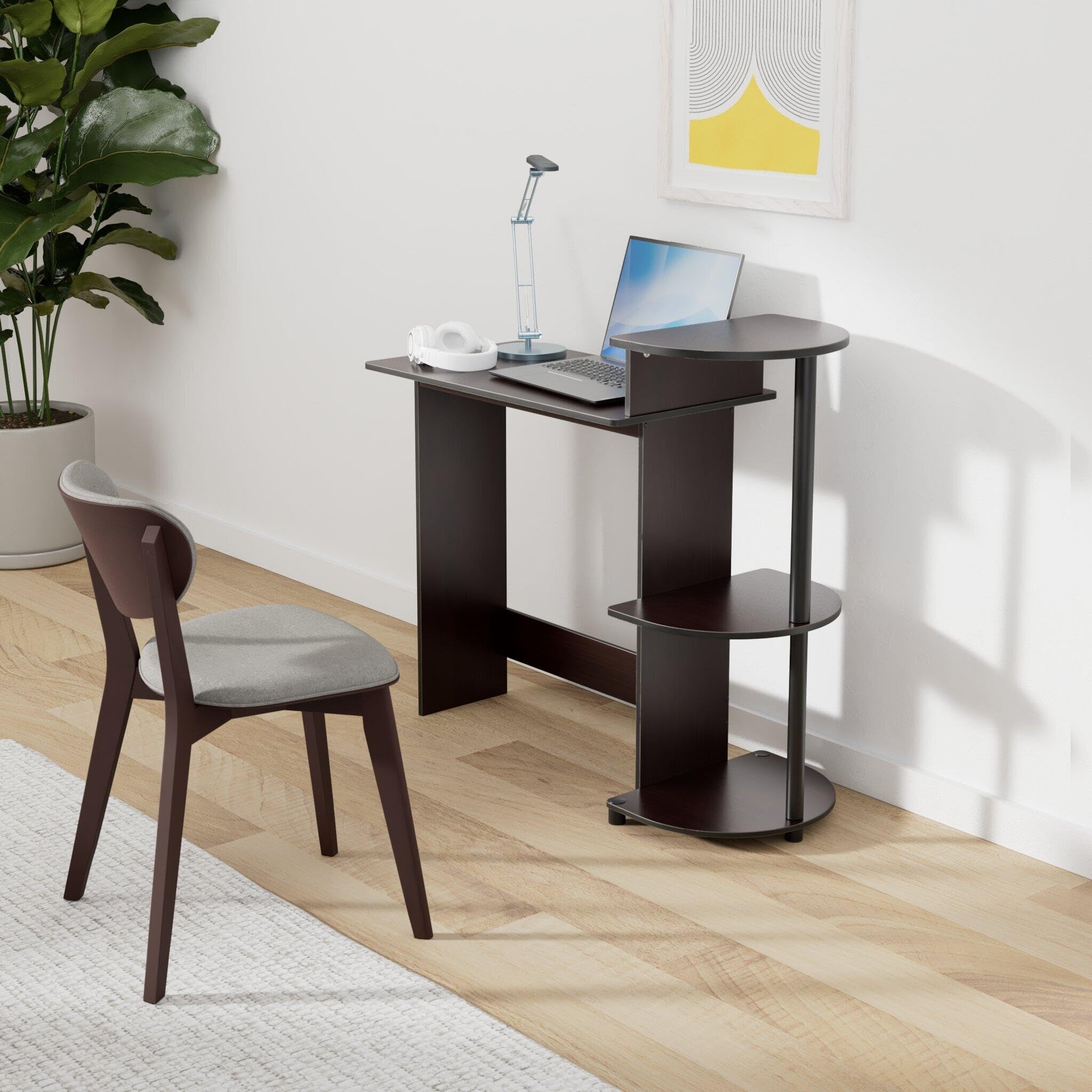 Furinno Compact Computer Desk With Shelves, Round Side, Dark Walnut