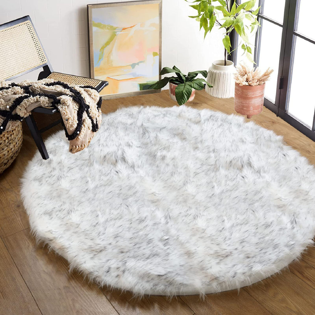 Orinova White And Grey Round Shag Rug 4Ft Faux Sheepskin Fur Rugs For Living Room Small Circle Washable Plush Rug For Nursery Cu