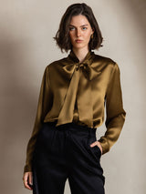 [Brown] SilkSilky  Long Sleeve Tie Neck Women's Blouse 006