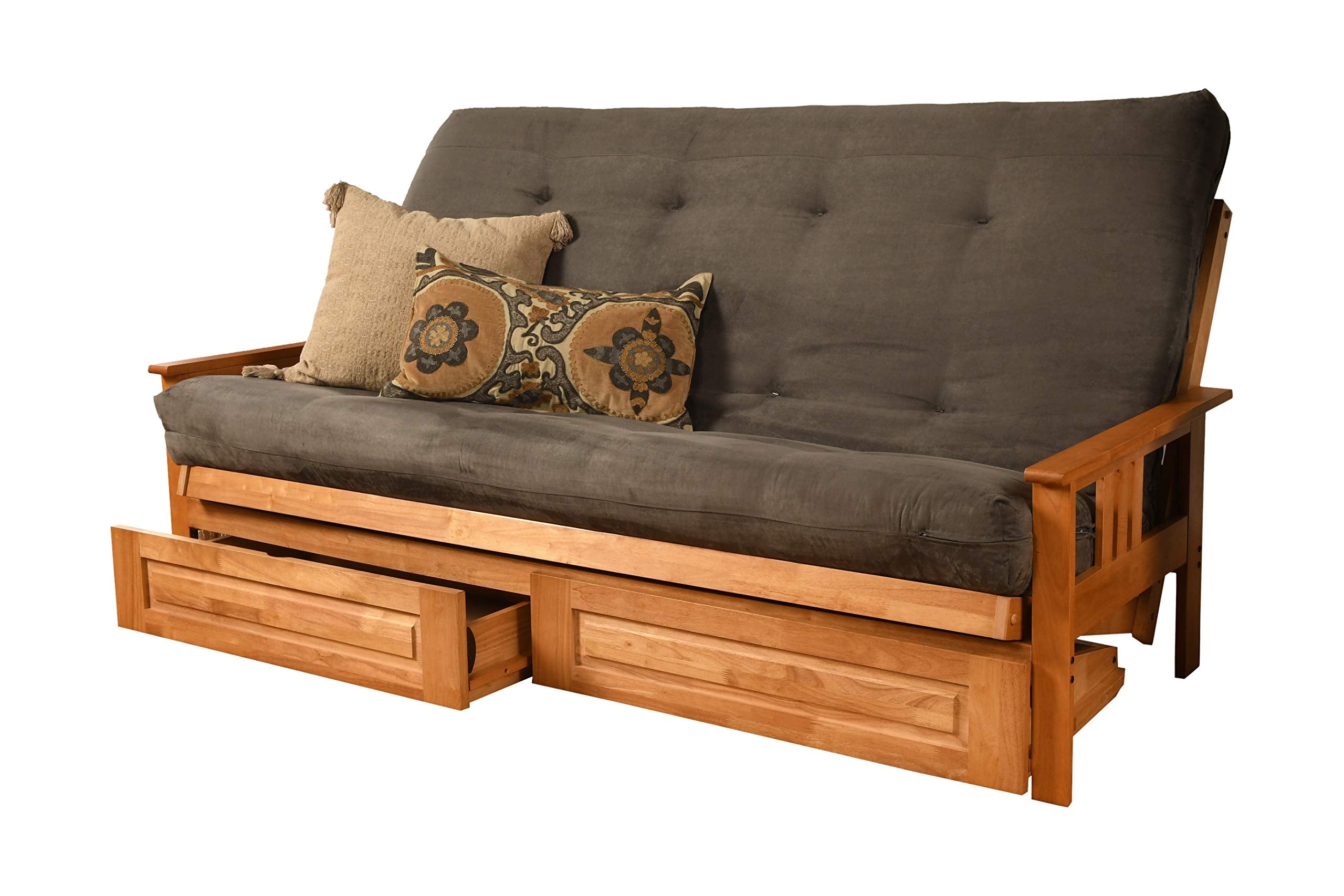 Kodiak Furniture Monterey Queen-Size Futon, Storage Drawers, Butternut Finish With Suede Gray Mattress
