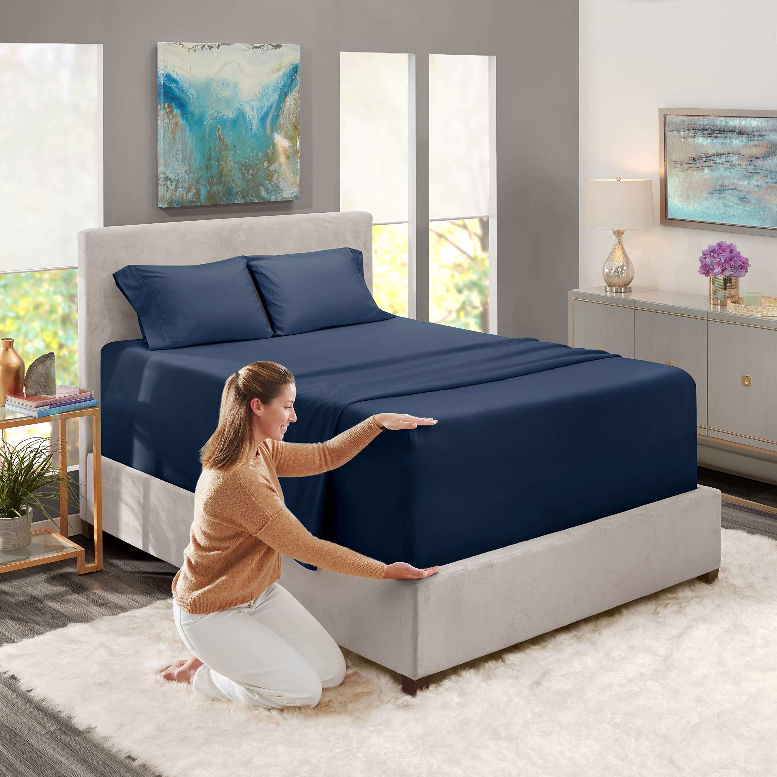 Nestl Extra Deep Pocket Sheets - Fits Mattress 18-24 Inches Deep, Extra Deep Pocket Twin Sheets Sets, 4 Piece Twin Size Sheets, Twin Sheets Deep Pocket, Navy Blue Sheets