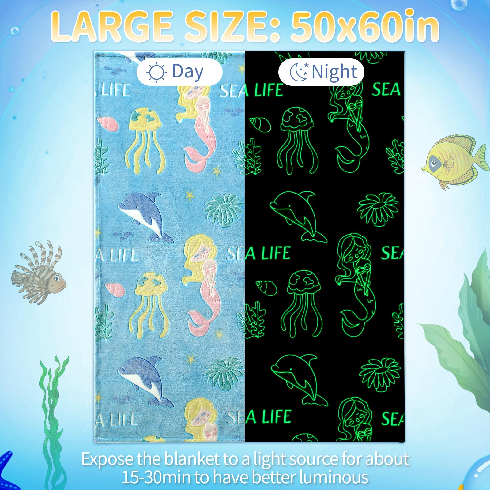 Lifeyj Glow In The Dark Blanket Mermaid Whale Gifts For Girls, Soft Marine Life Blanket 3 4 5 6 7 8 9 10 Year Old Girl Gifts, To