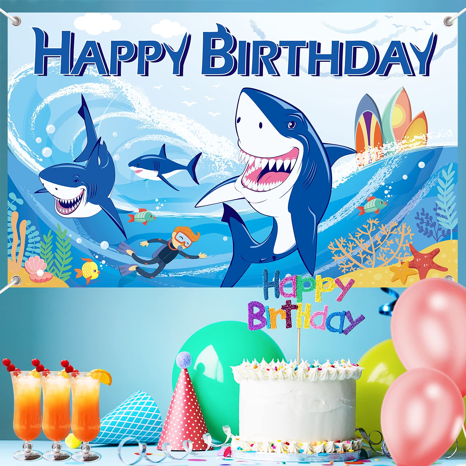 launuo Shark Birthday Backdrop Banner Blue 71 x 43 Inches