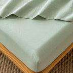 MooMee Fitted Bottom Sheet Only 100% Washed Cotton Linen Like Textured Breathable Durable Soft Comfy Deep Pocket Fits Mattress u