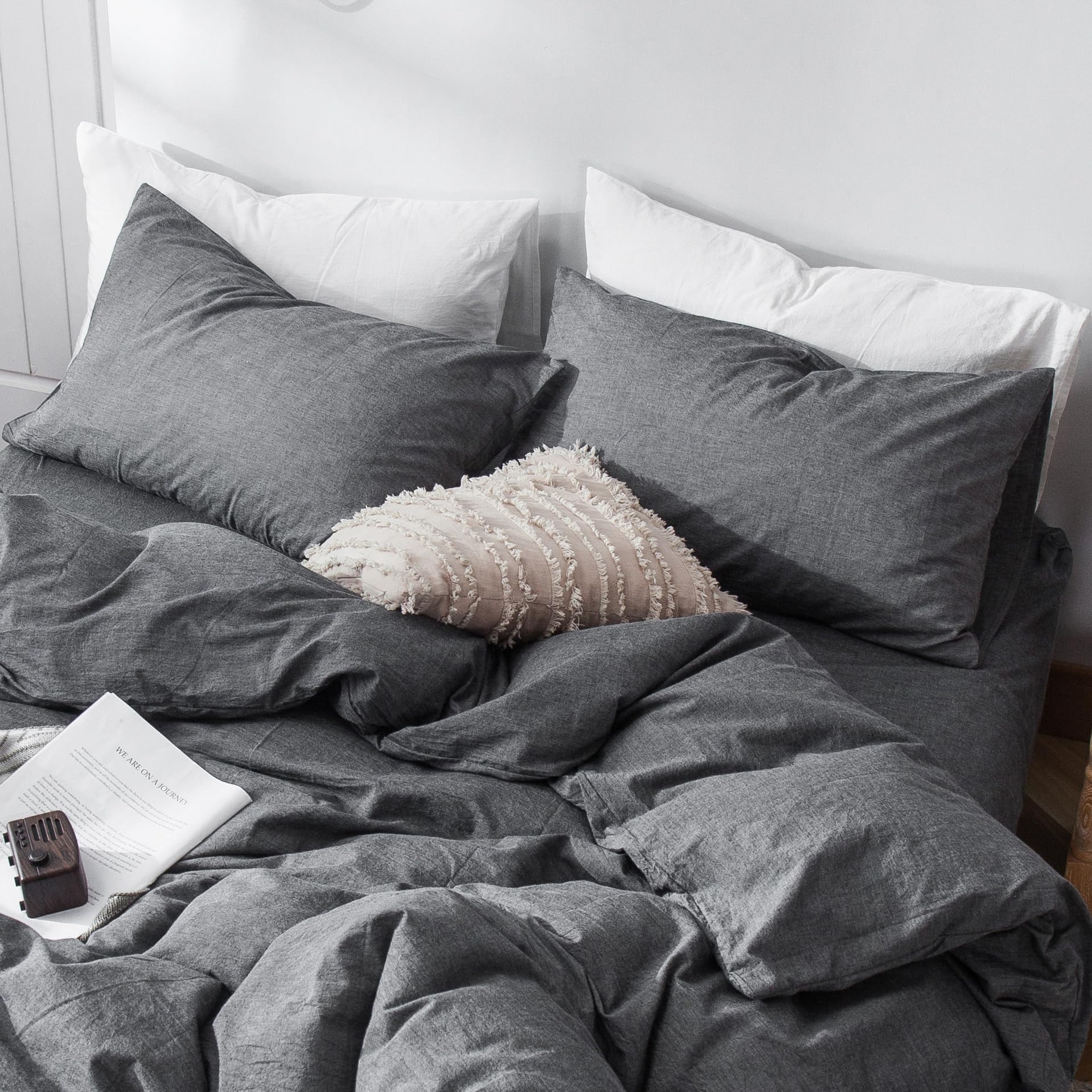 Moomee Bedding Pillowcases Pack Of 2 100% Washed Cotton Linen Like Textured Breathable Durable Soft Comfy (Dark Grey, King)