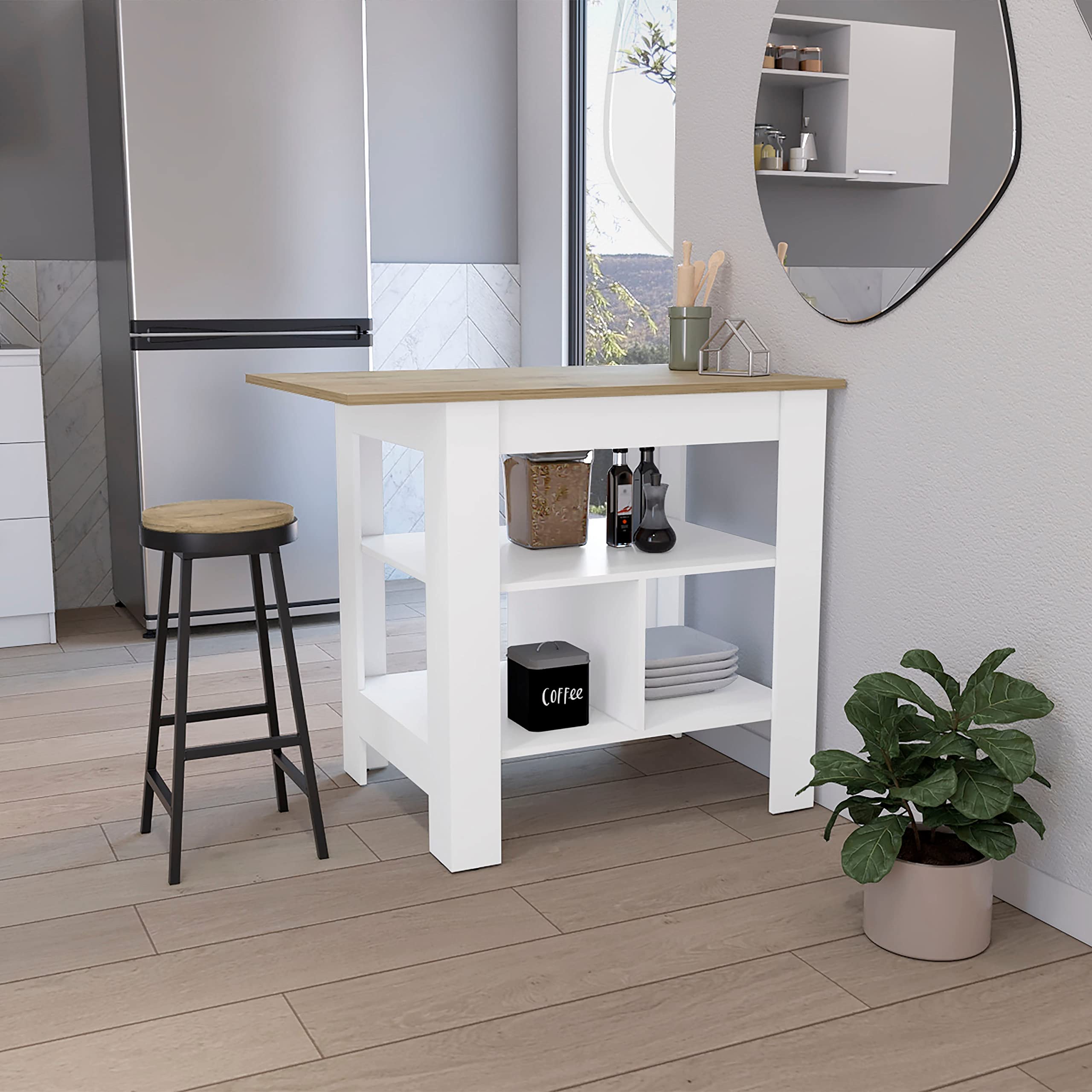 DEPOT E-SHOP Kitchen Island, Kitchen Table 35" H, 3 Open Shelves, White/Macadamia