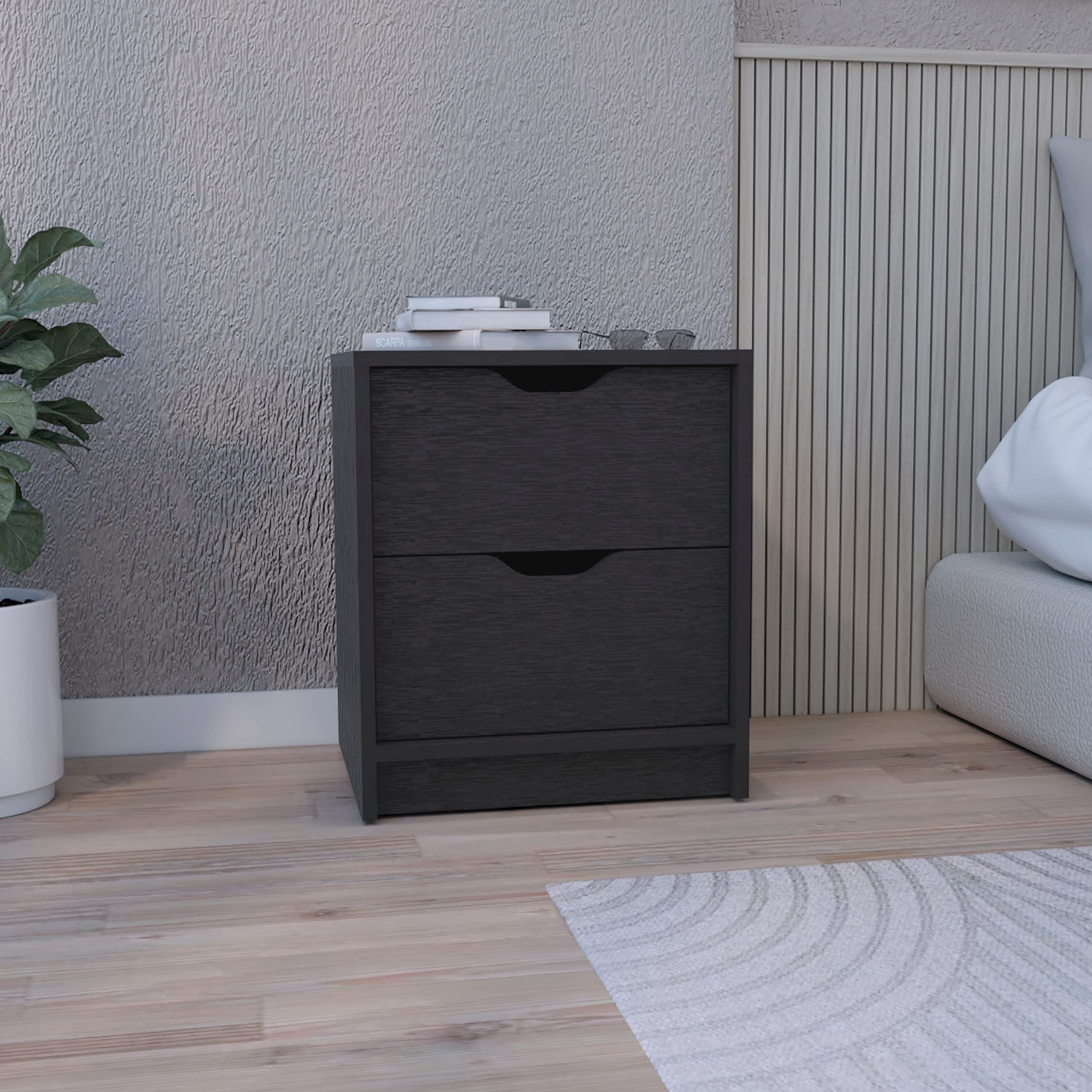 Double Drawer Nightstand 19" H, Bedside Table, Black
