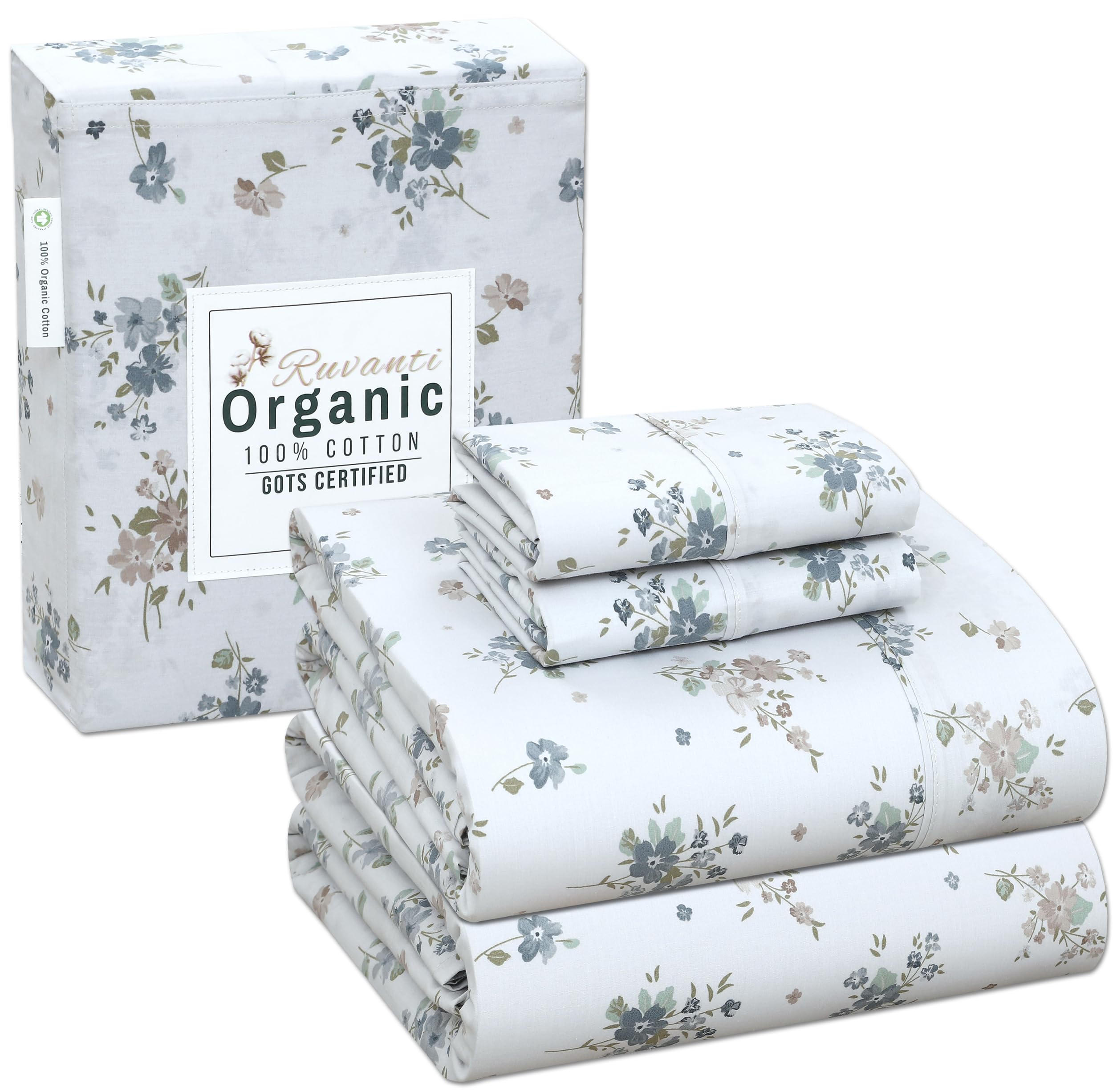 Ruvanti 100% Organic Cotton King Size Sheets Set, 4 Pieces, Soft & Breathable Percale Weave Bedding, Deep Pocket 16', Hotel Sta