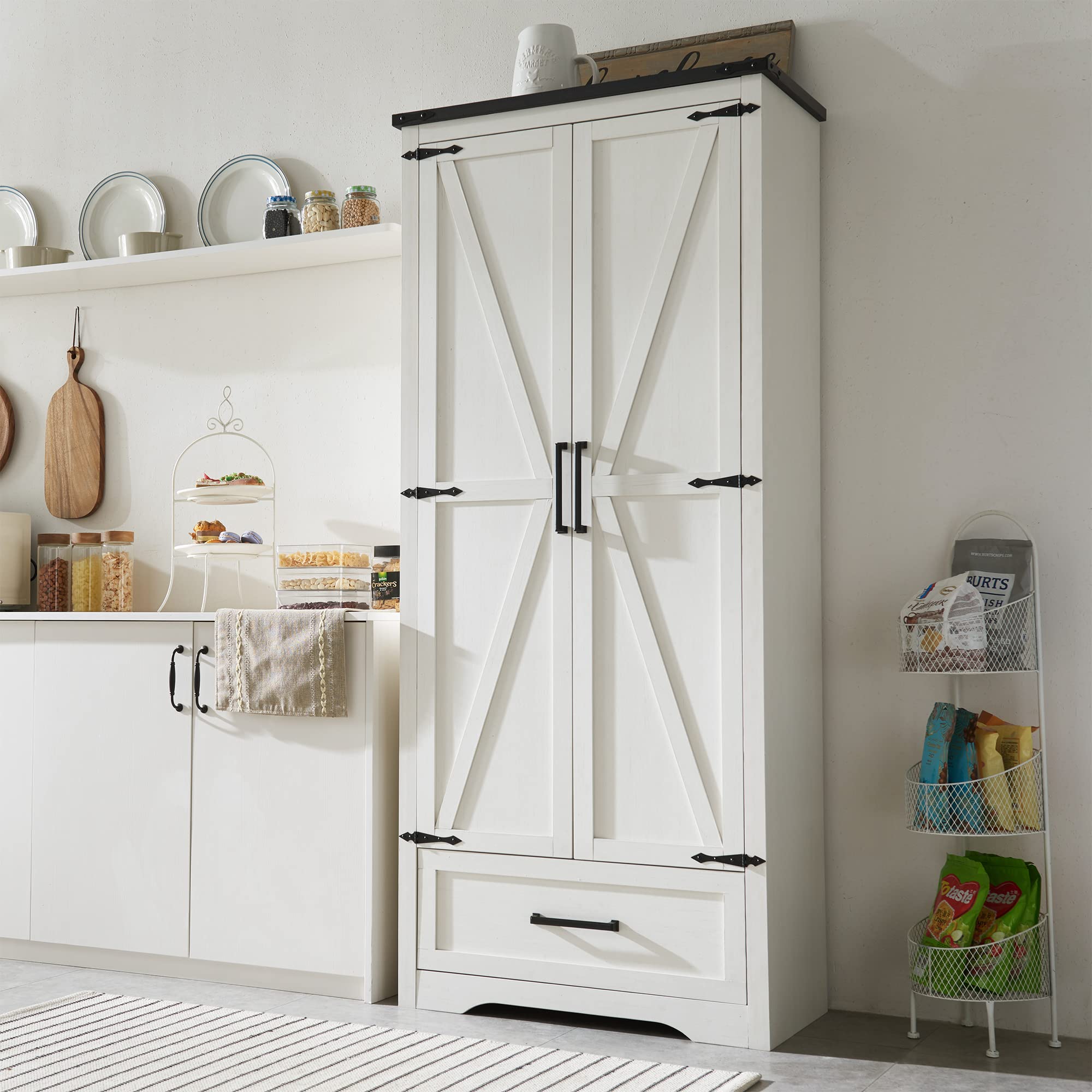 Jxqtlingmu Farmhouse Kitchen Pantry Cabinet - 72' Tall Wood Kitchen Storage Cabinets With Adjustable Shelves & 2 Barn Doors & Drawer, Versatile Storage For Dining Room, Bathroom, Antique White
