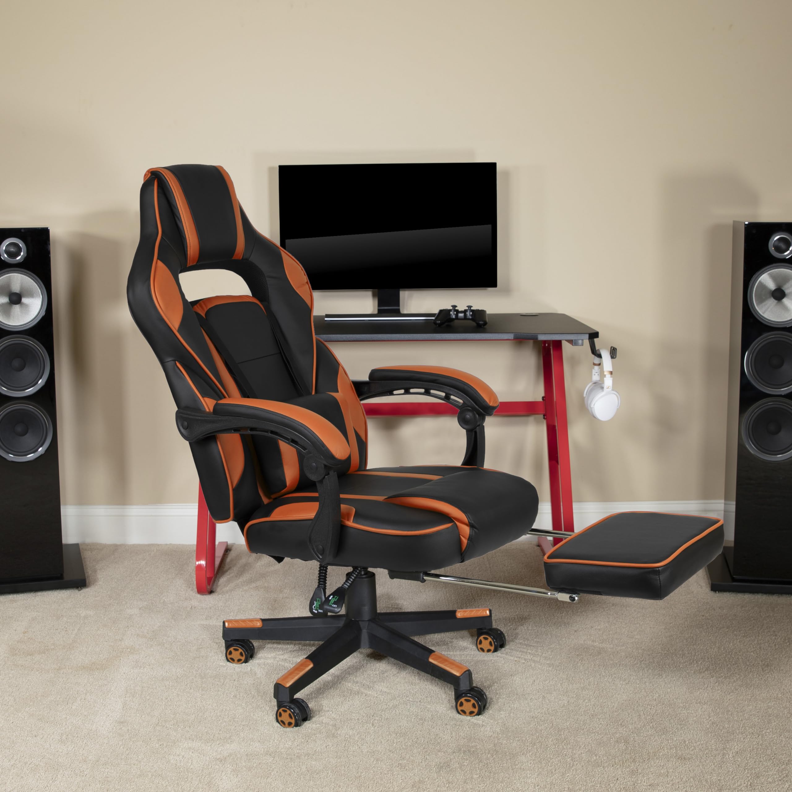 Flash Furniture X40 Gaming Chair Racing Ergonomic Computer Chair with Fully Reclining Back/Arms, Slide-Out Footrest, Massaging Lumbar - Black/Orange