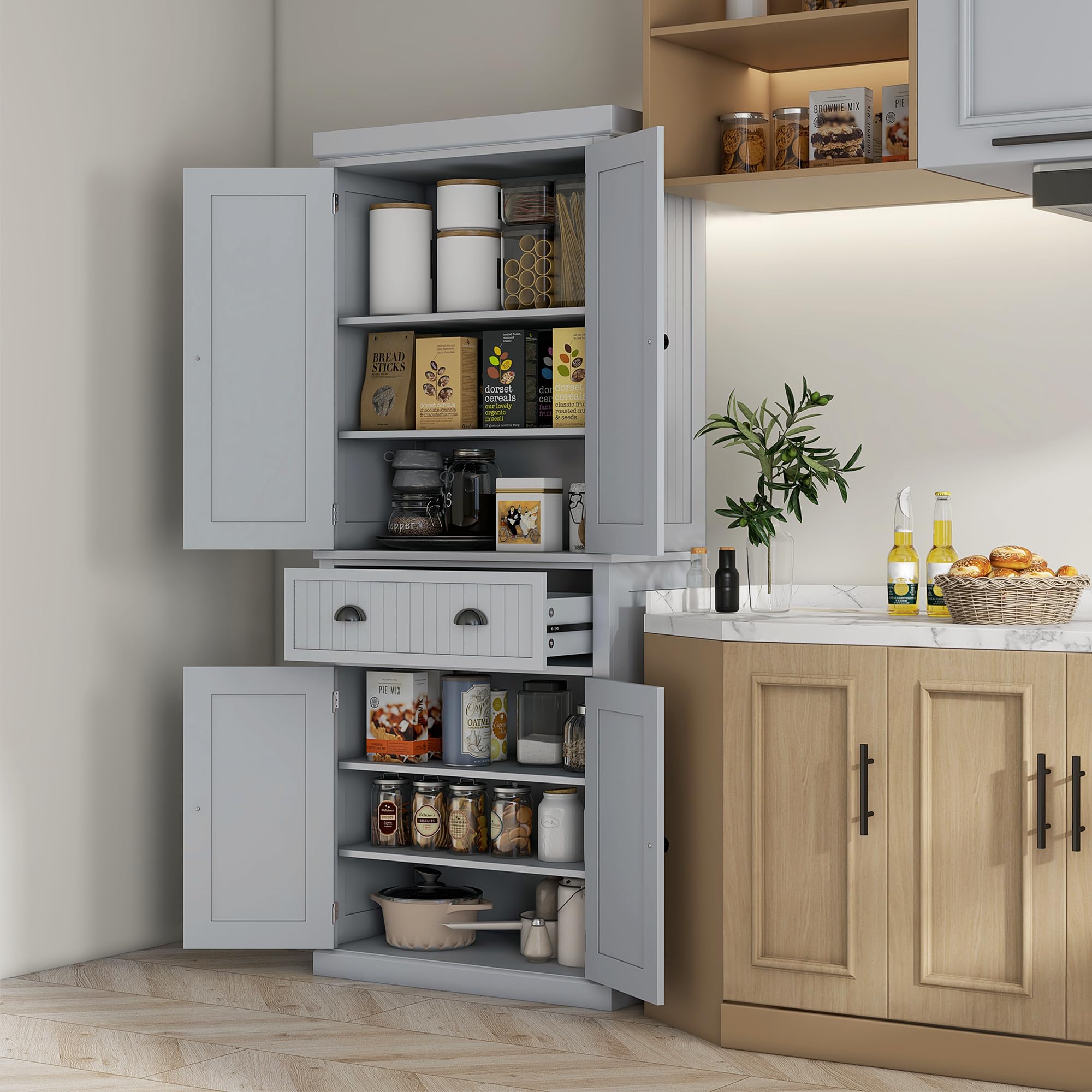 Homcom 72' Traditional Kitchen Pantry Cabinet, Freestanding Tall Storage Cabinet With 4 Doors, Drawer And 3 Adjustable Shelves For Dining Room, Gray