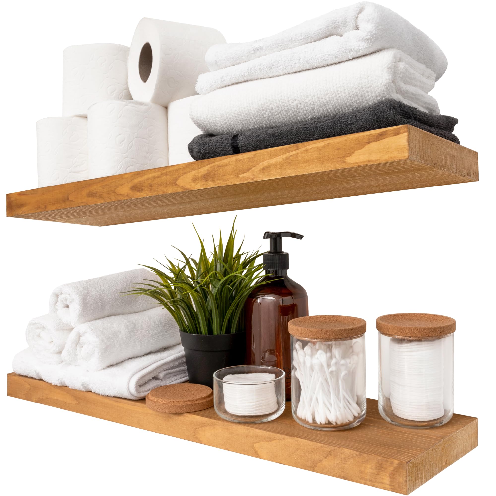 BAOBAB WORKSHOP Natural Wood Floating Shelves 24 inches Long - Deep Wall Shelves for Bedroom - Bathroom Shelves for Room Wall - 