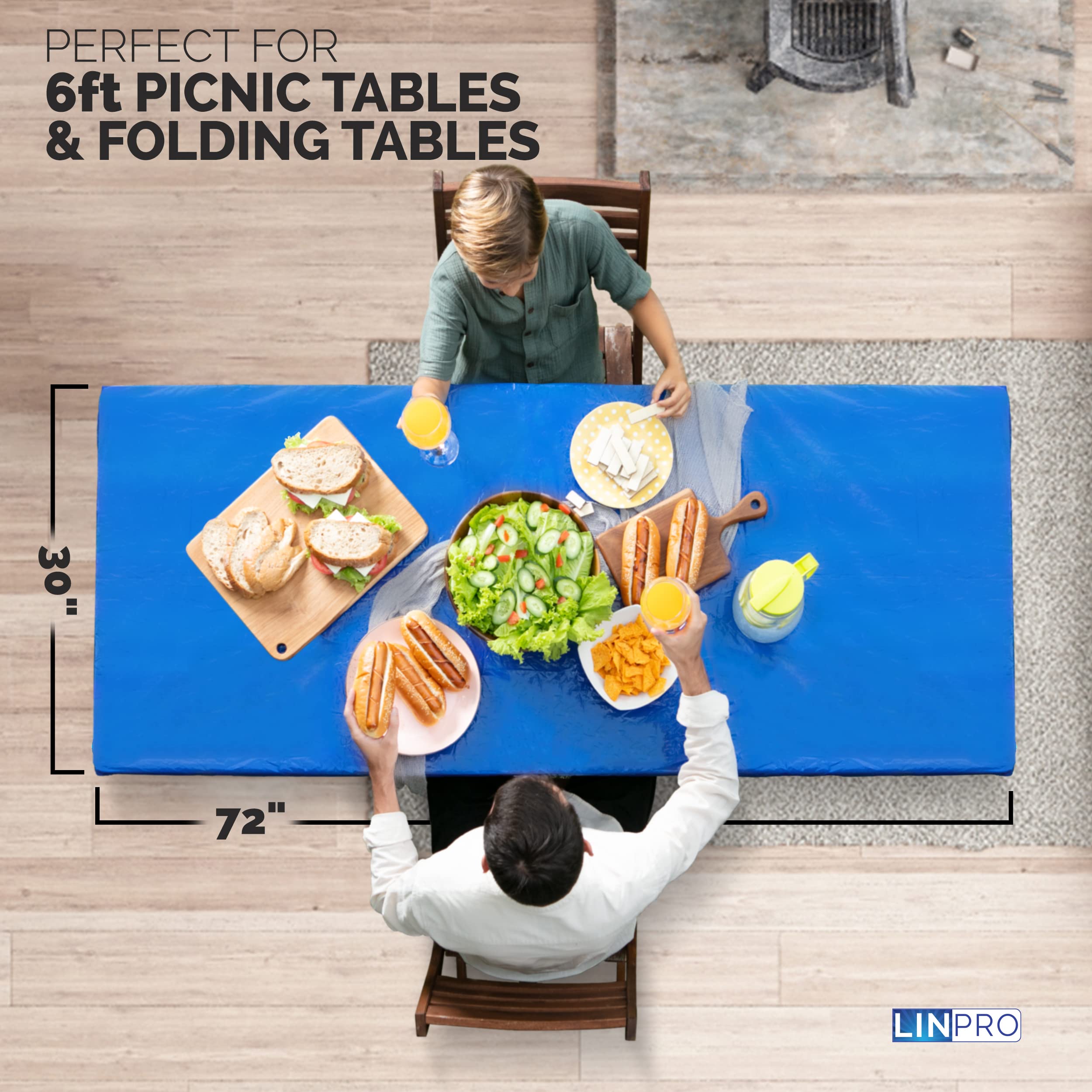 Linpro 5Pk Plastic Table Cloths Disposable For Parties 6Ft Picnic Table Covers With Elastic Fitted Camping Tablecloth Elastic Table Cover Rectangle Blue Tablecloth Waterproof Outdoor & Folding Tables
