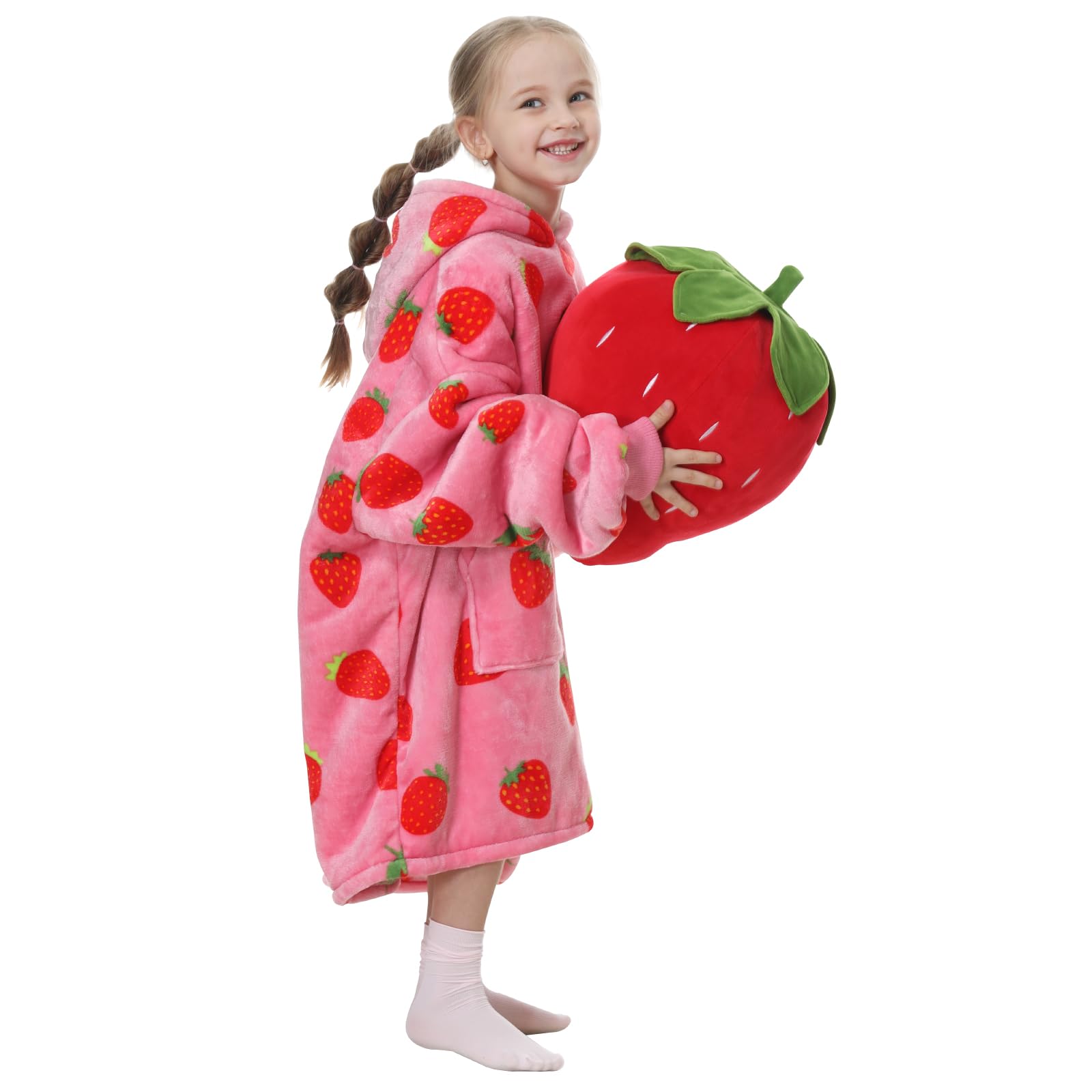 Aemicion Strawberry Wearable Blanket Hoodie for Kids, Oversize Sherpa Sweatshirt Blanket, Flannel, Strawberry/Kids