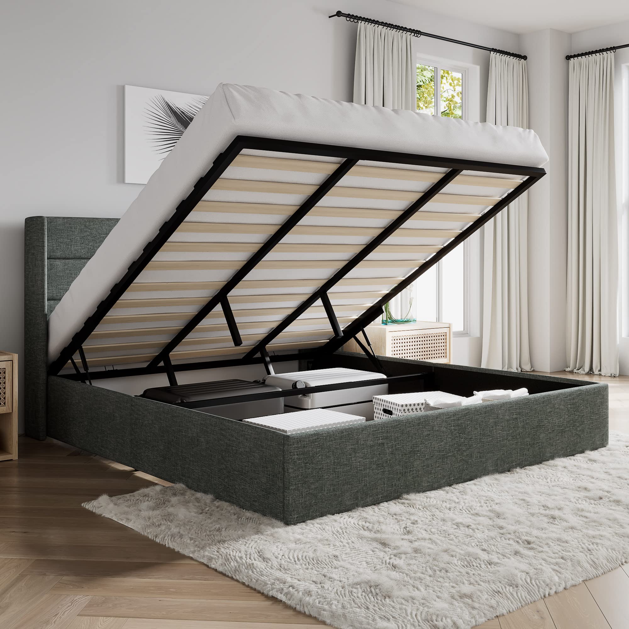Sha Cerlin King Size Lift Up Storage Bed/Modern Wingback Headboard/Upholstered Platform Bed Frame/Hydraulic Storage/No Box Spring Needed/Wood Slats Support/Dark Grey