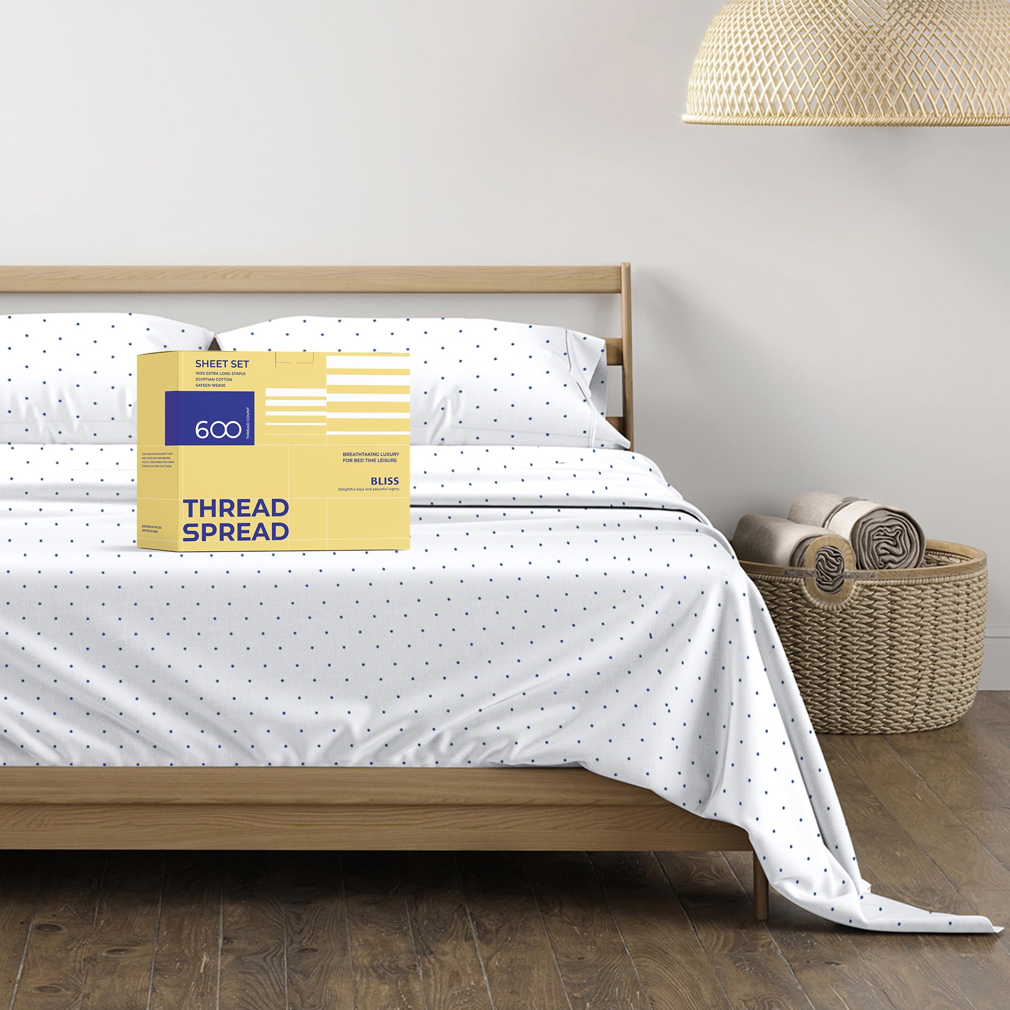 Thread Spread 100% Egyptian Cotton Printed Bed Sheets - 600 Thread Count 4 Pc King Sheet Set, Hotel Luxury Sateen Bedsheets, 16' Deep Pocket Soft Cooling Sheets For King Size Bed - Polka Dot - Navy
