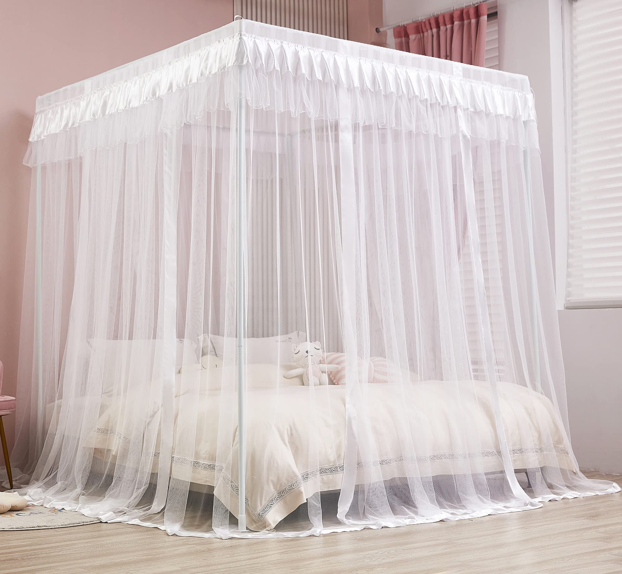 Mengersi Queen Size 4 Corners Post Canopy Bed Curtains Polyester White Princess Bedroom Decoration