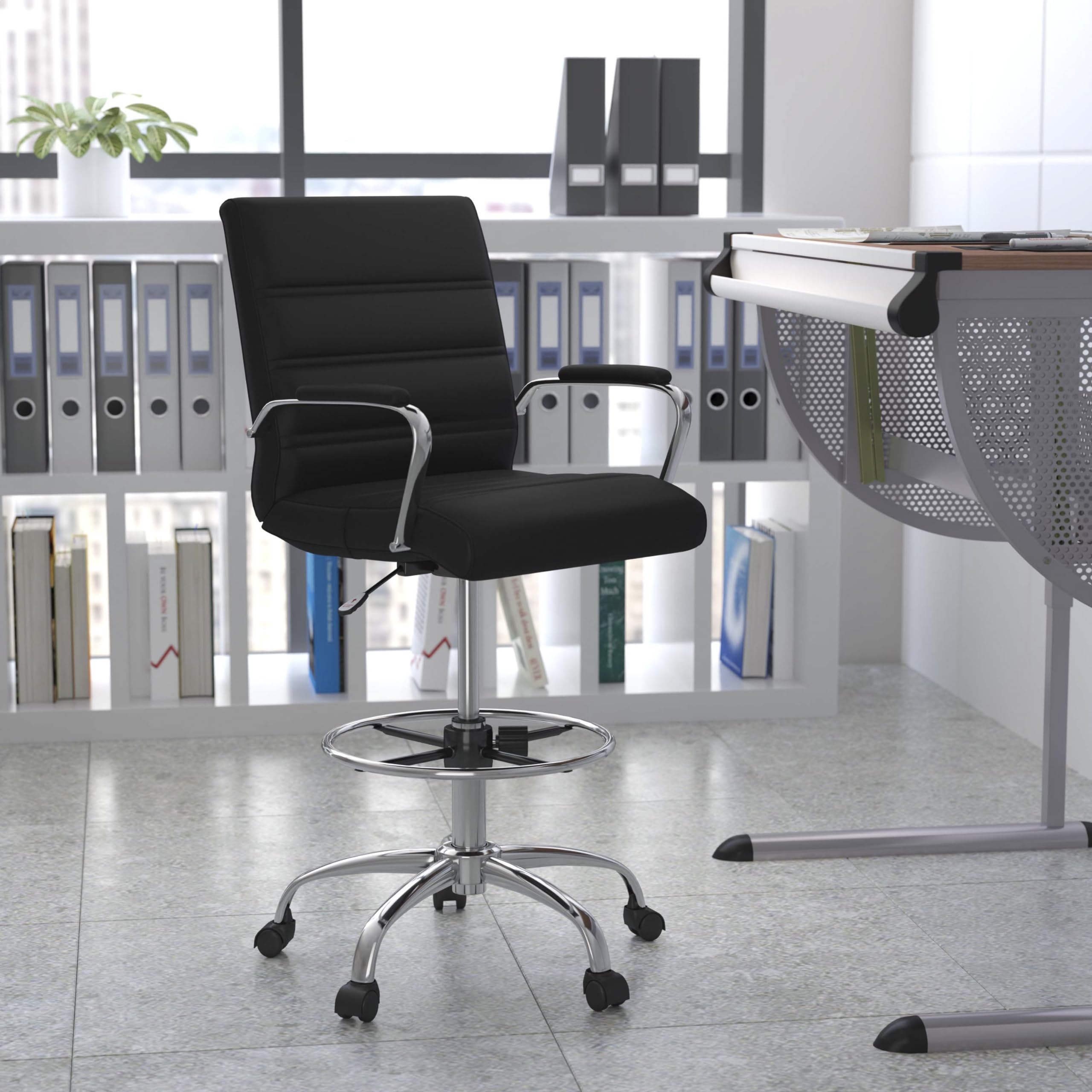 Flash Furniture Whitney Mid-Back Swivel LeatherSoft Drafting Chair with Padded Seat, Armrests, and Foot Ring, Adjustable Office Chair, Black/Chrome