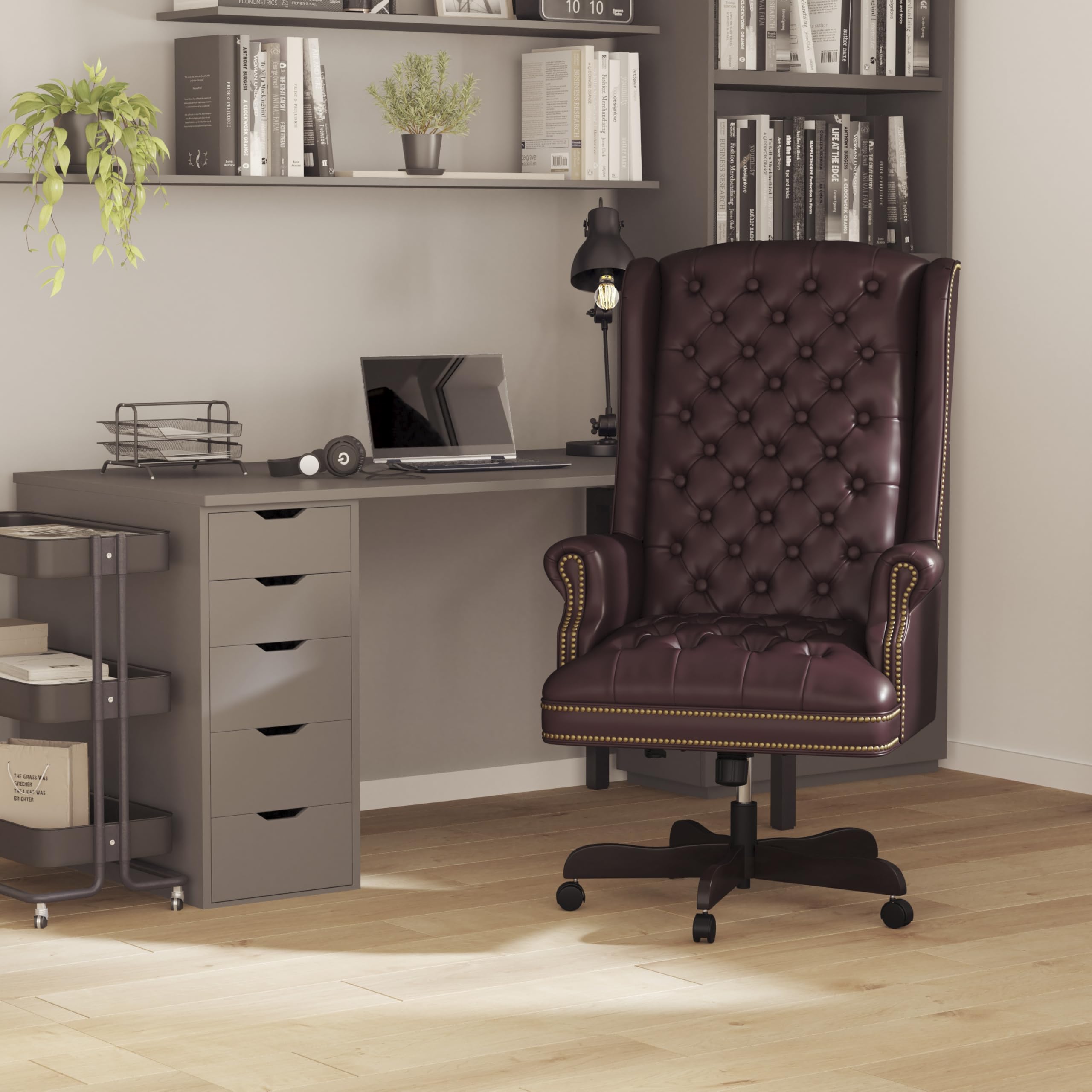 Flash Furniture High Back Traditional Fully Tufted Burgundy Leathersoft Executive Swivel Ergonomic Office Chair With Arms