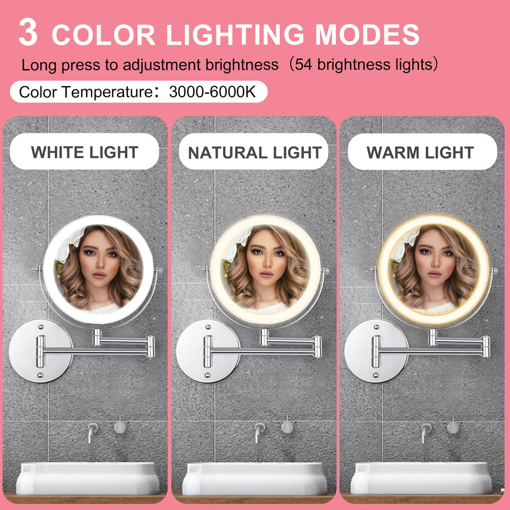 Ffowcye Wall Mounted Makeup Vanity Mirror With Lights, 8    Double Sided 1X/10X Wall Mount Magnifying Bathroom Shaving Mirror Wi