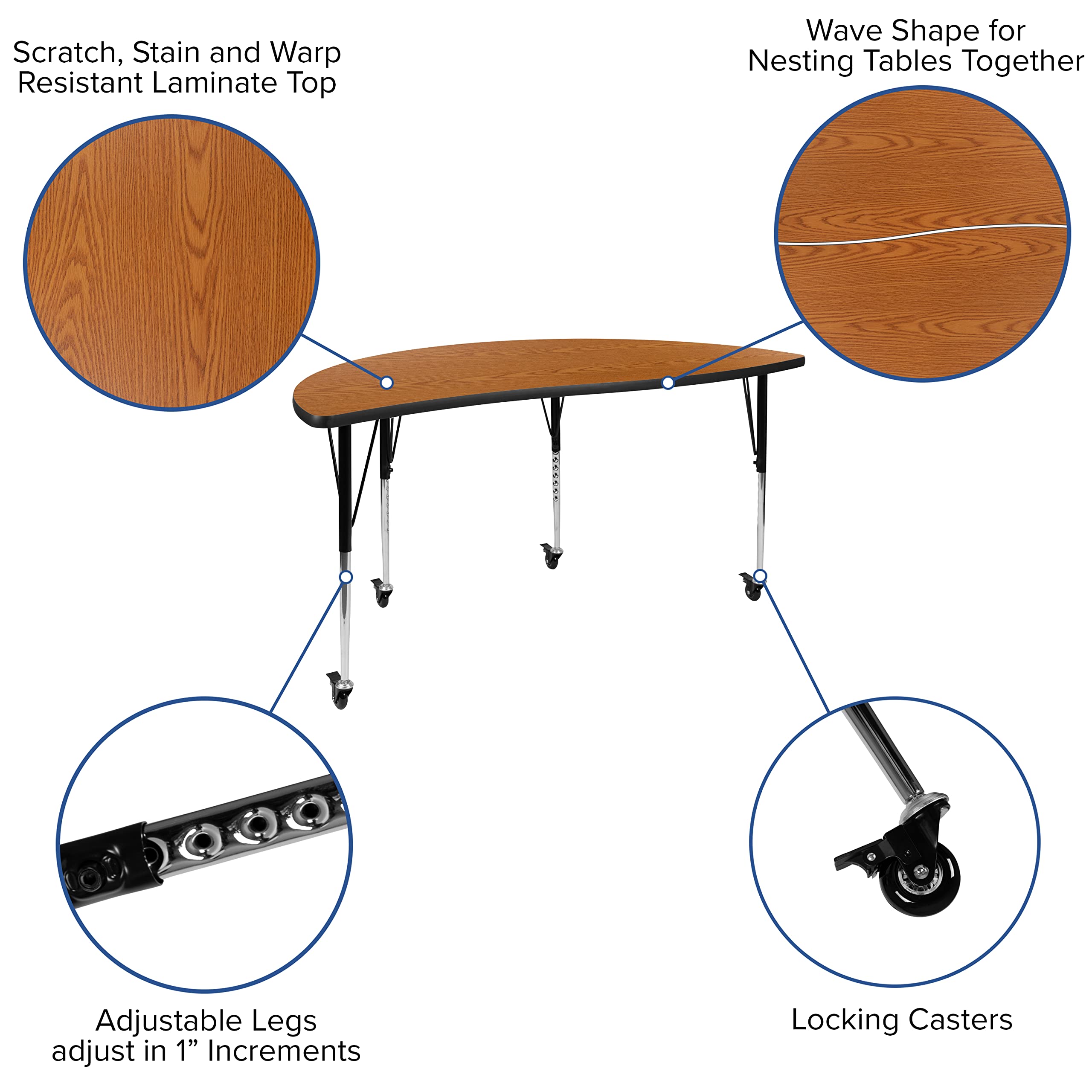 Flash Furniture Emmy 3 Piece Mobile 86" Oval Wave Flexible Oak Thermal Laminate Activity Table Set-Standard Height Adjustable Legs