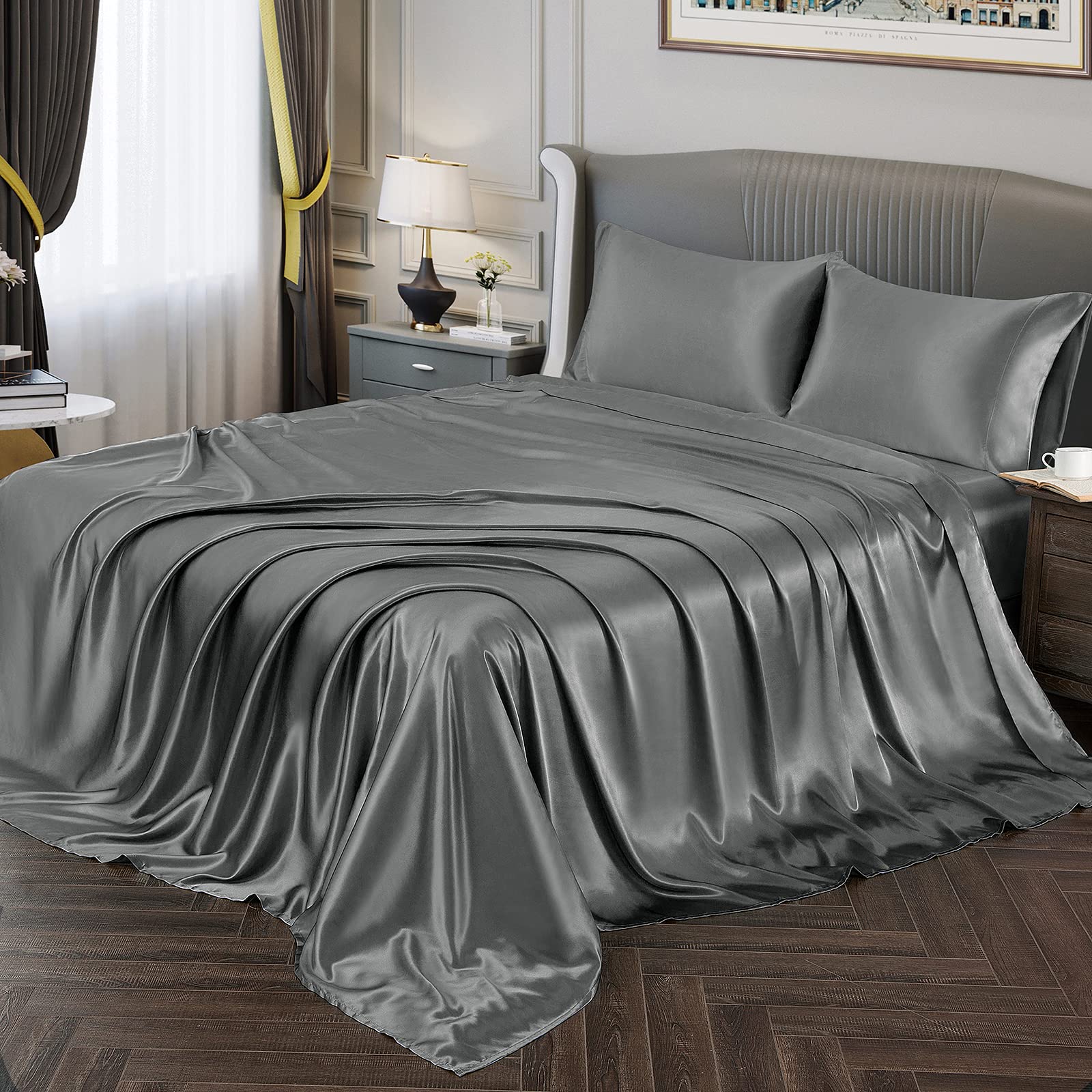 Vonty Satin Sheets Full Size Silky Soft Satin Bed Sheets Grey Satin Sheet Set, 1 Deep Pocket Fitted Sheet + 1 Flat Sheet + 2 Pil