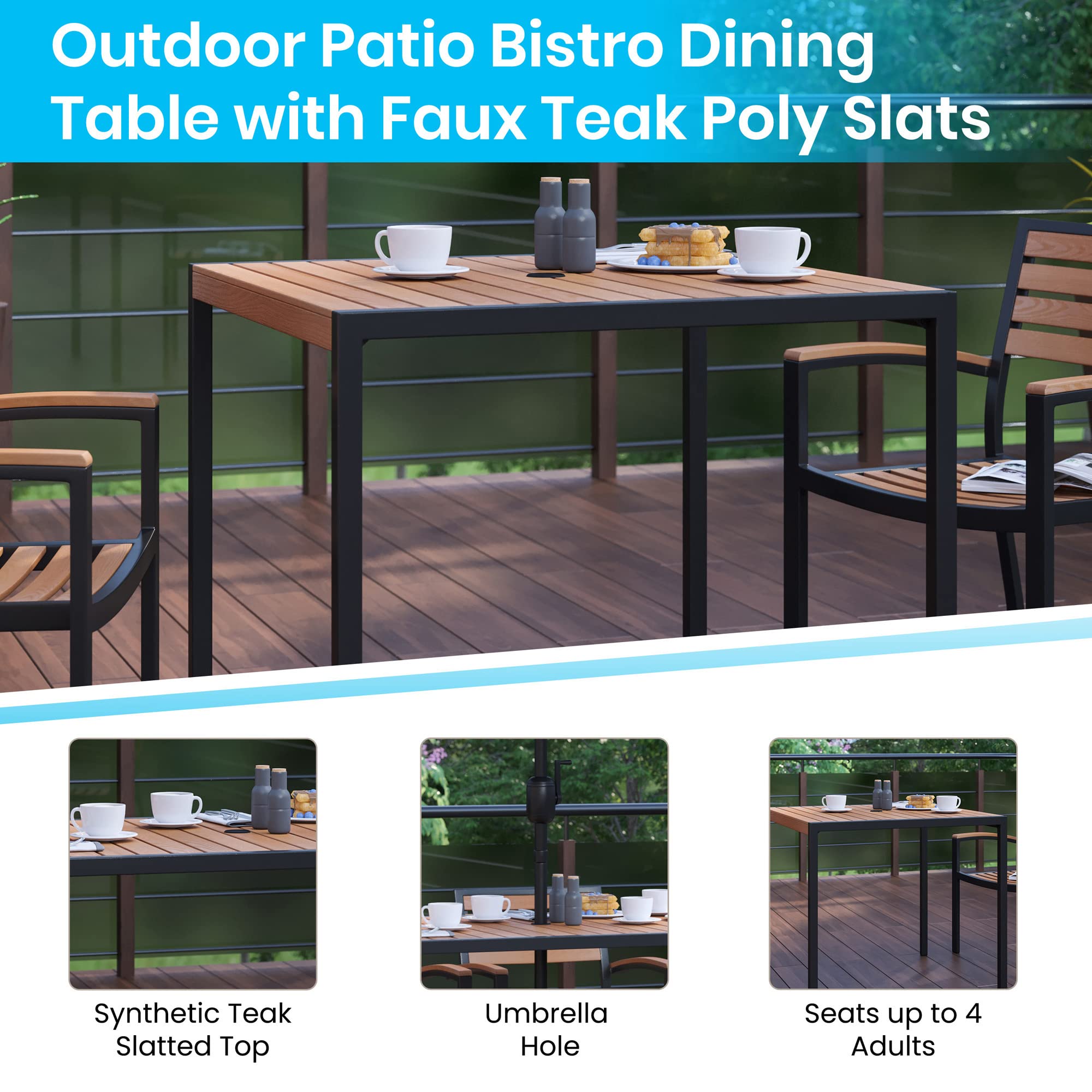 Flash Furniture Lark 7 Piece Outdoor Patio Dining Table Set - 4 Synthetic Teak Stackable Chairs with Arms - 35" Square Table - Tan Umbrella with Base
