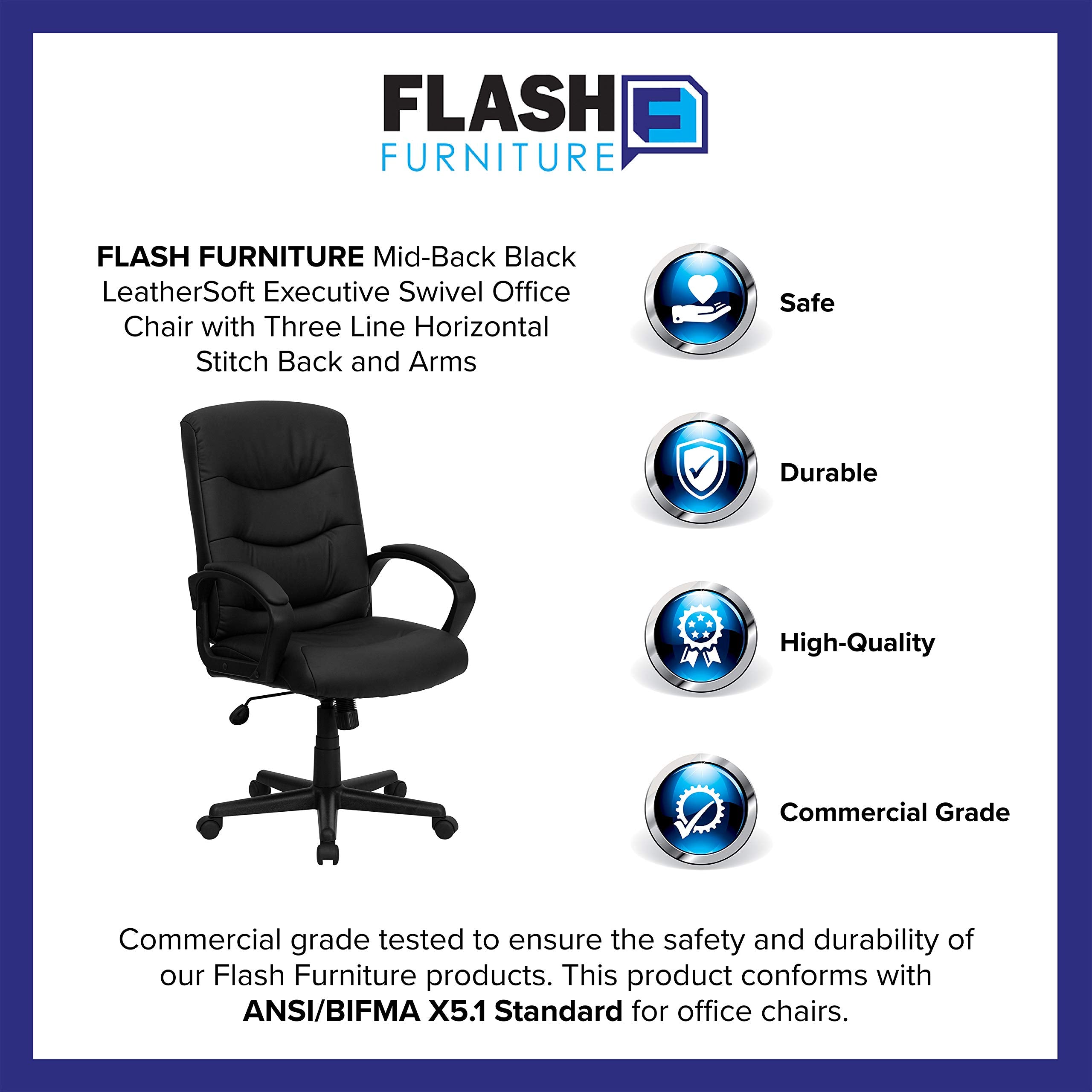 Flash Furniture Chelsea Mid-Back Black Leathersoft Executive Swivel Office Chair With Three Line Horizontal Stitch Back And Arms