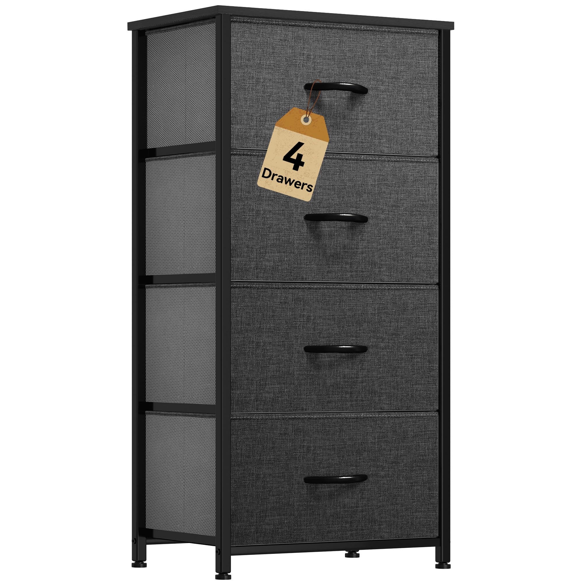 Dwvo 4 Drawers Dresser, Small Dresser For Bedroom, Fabric Storage Tower, Chest Of Drawers, Organizer Unit For Closets, Living Room, Sturdy Steel Frame, Wooden Top, Easy Pull Handle