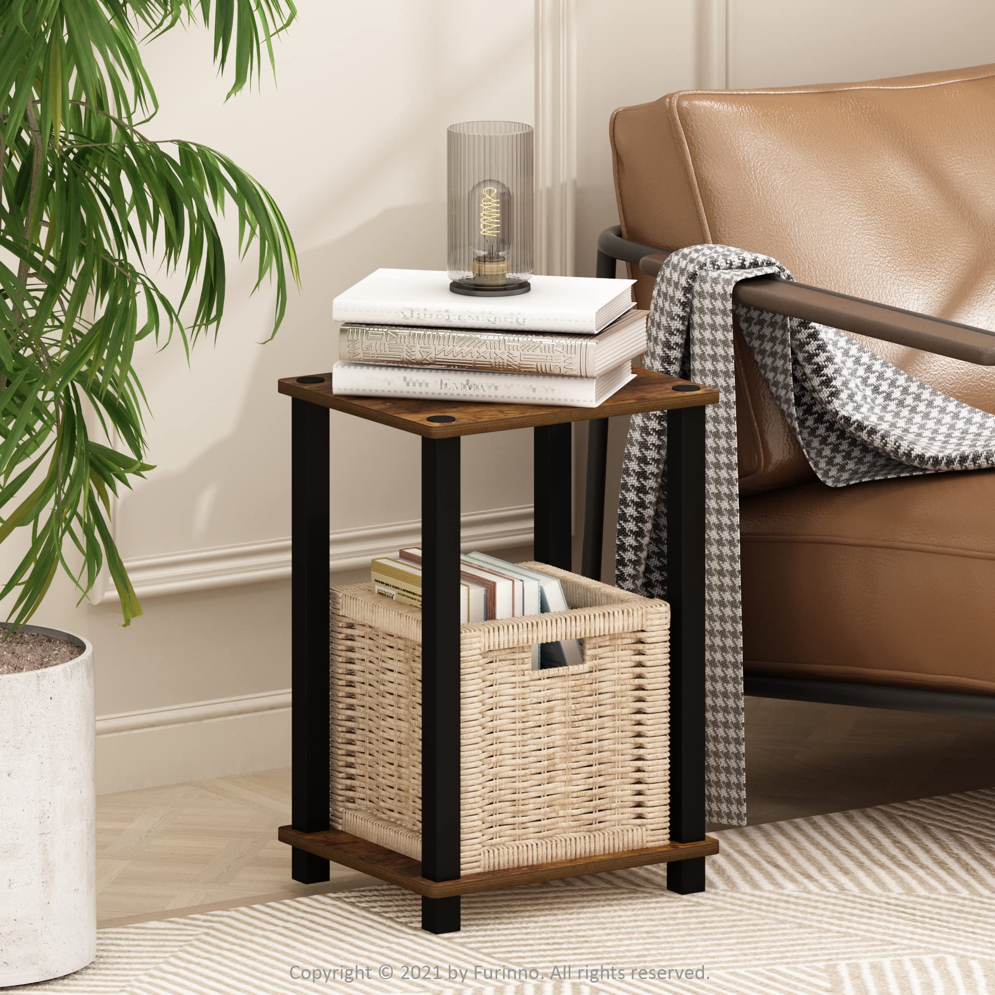 Furinno Simplistic End Table, 2-Pack, Amber Pine/Black