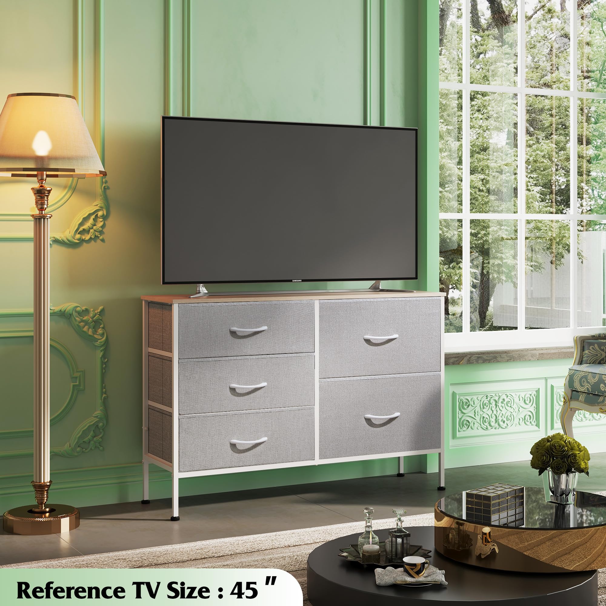 Wlive Dresser For Bedroom With 5 Drawers, Wide Bedroom Dresser With Drawer Organizers, Chest Of Drawers, Fabric Dresser For Living Room, Closet, Hallway, Light Grey