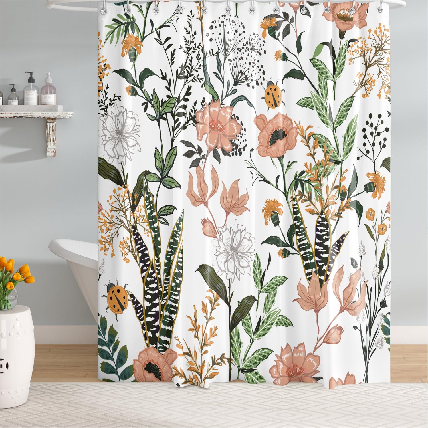 Bivinar Extra Long Green Boho Floral Shower Curtain 72 X 84 Inch, Flower Leaves Boho Chic Bathroom Curtain, Waterproof Fabric Pl