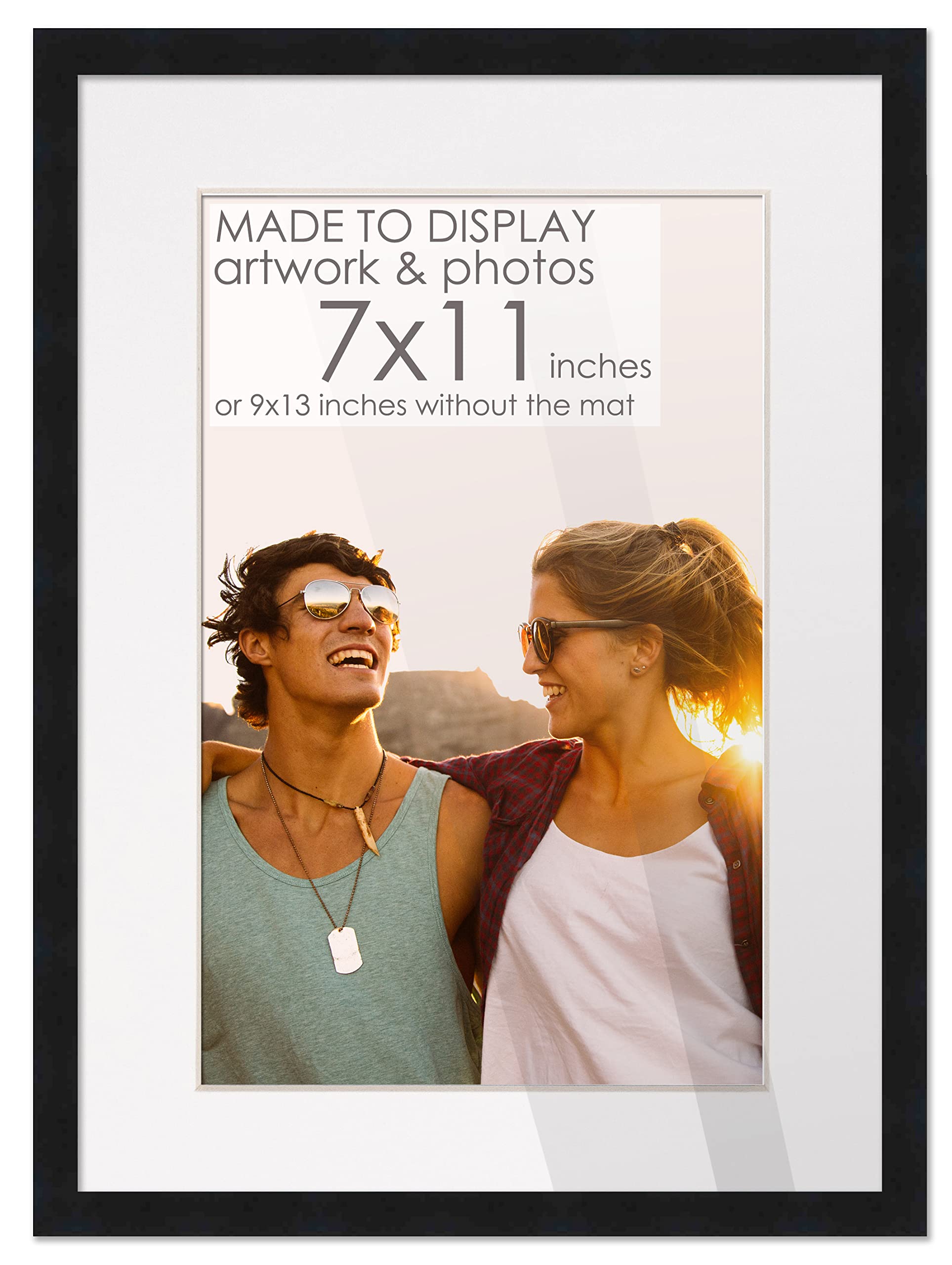 7x11 Frame Black Wood with White Mat | 9x13 Frame Matted to 7x11 | Display Your Poster Under UV Acrylic Shatter Guard Front, wit