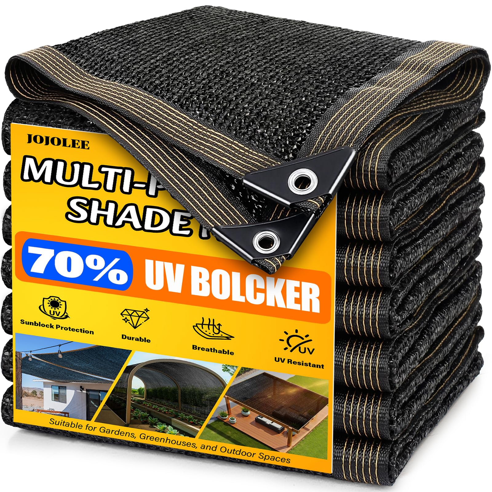 JOJOLEE 70% Sun Shade Cloth, 10x20FT Shade Net Mesh Tarp with Grommets, Black Sunblock Cover for Outdoor Patio Plants, Pergola, 