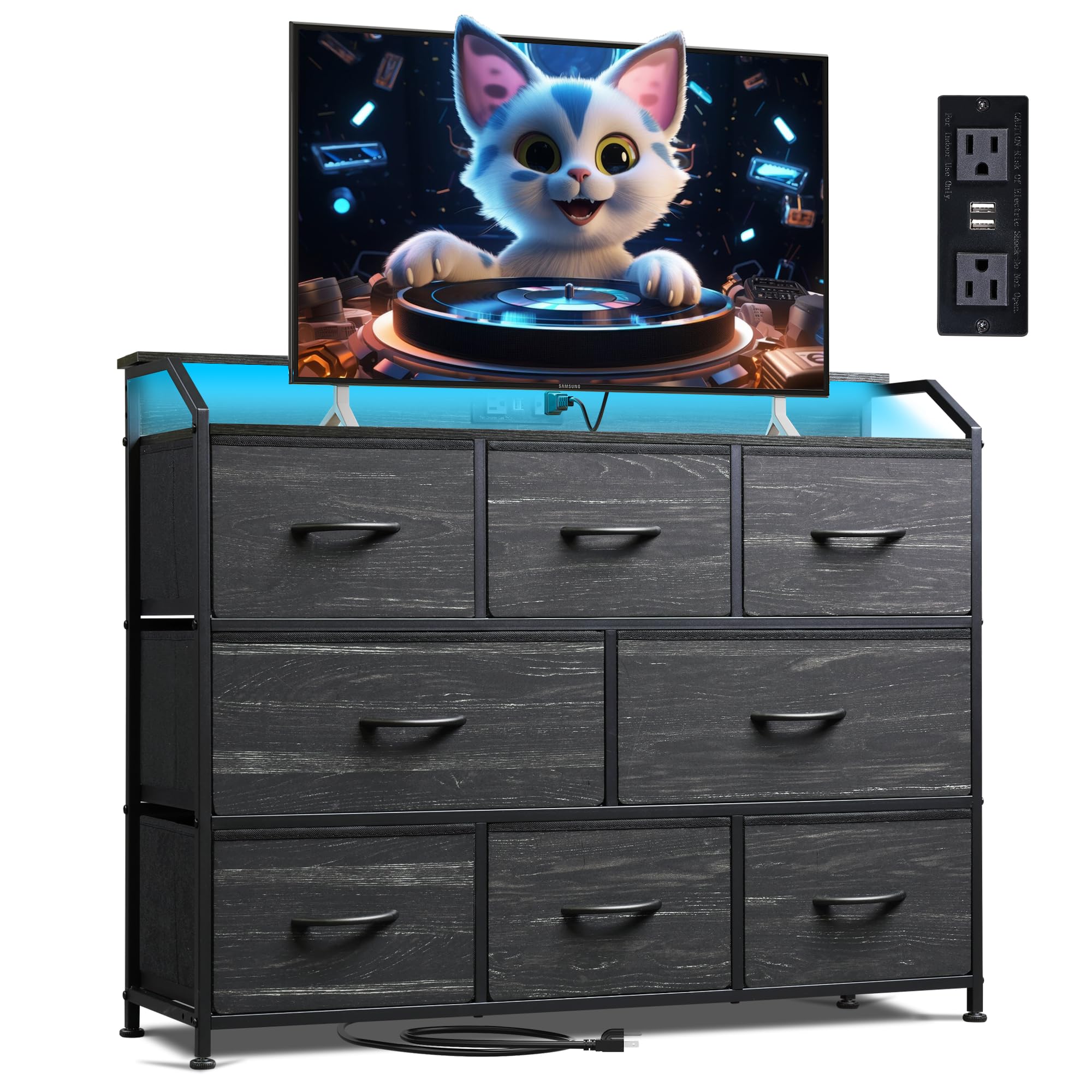 WLIVE Led Dresser for Bedroom, TV Stand for Bedroom with LED Lights and Power Outlet, Wide Chest of Drawers for Hallway, 8 Fabri