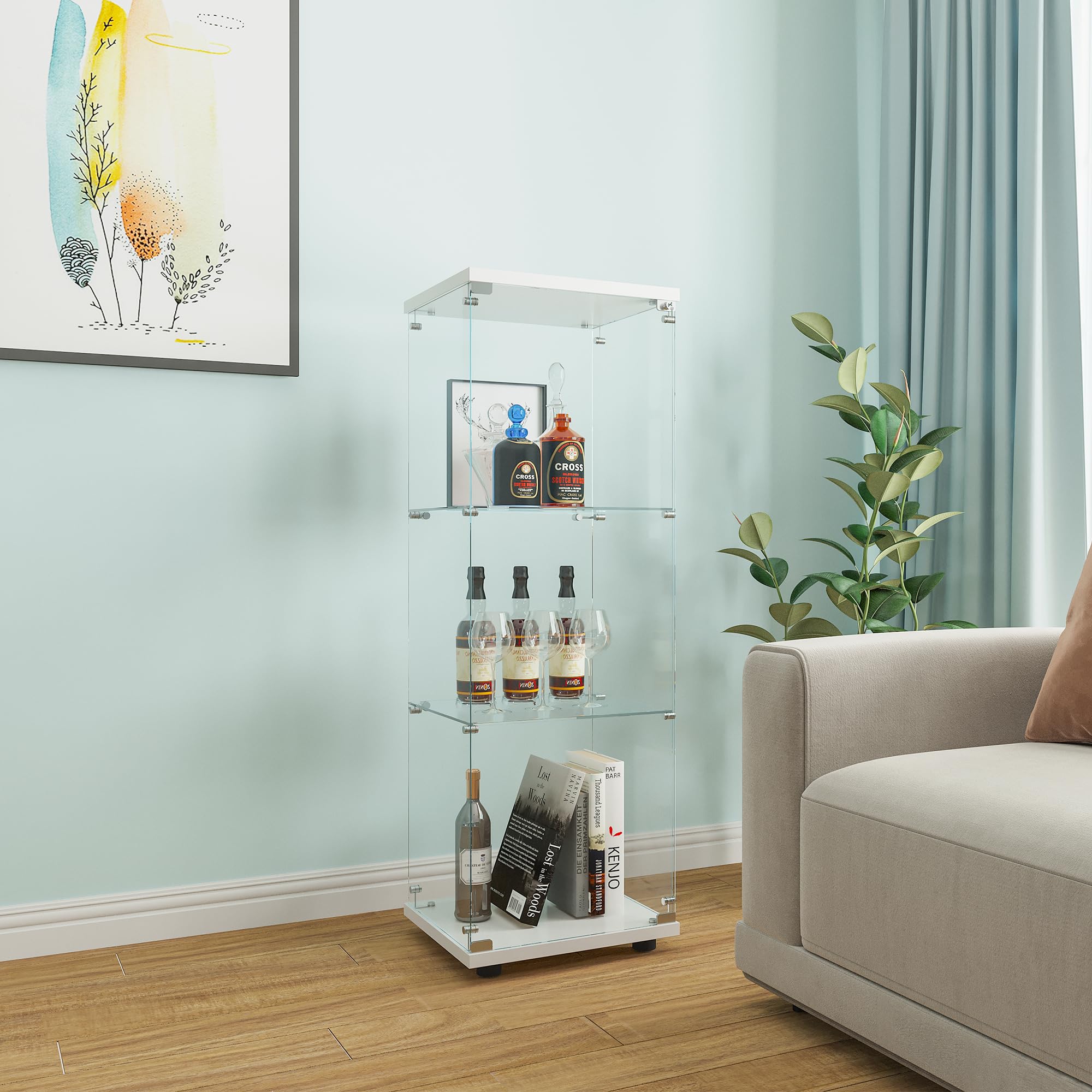 Beauty4U One-Door Glass Display Cabinet, White Curio Cabinets For Living Room, Bedroom, Office, Collection Display, Quick Installation In 30 Mins, 3 Shelves White Floor Standing Glass Bookshelf