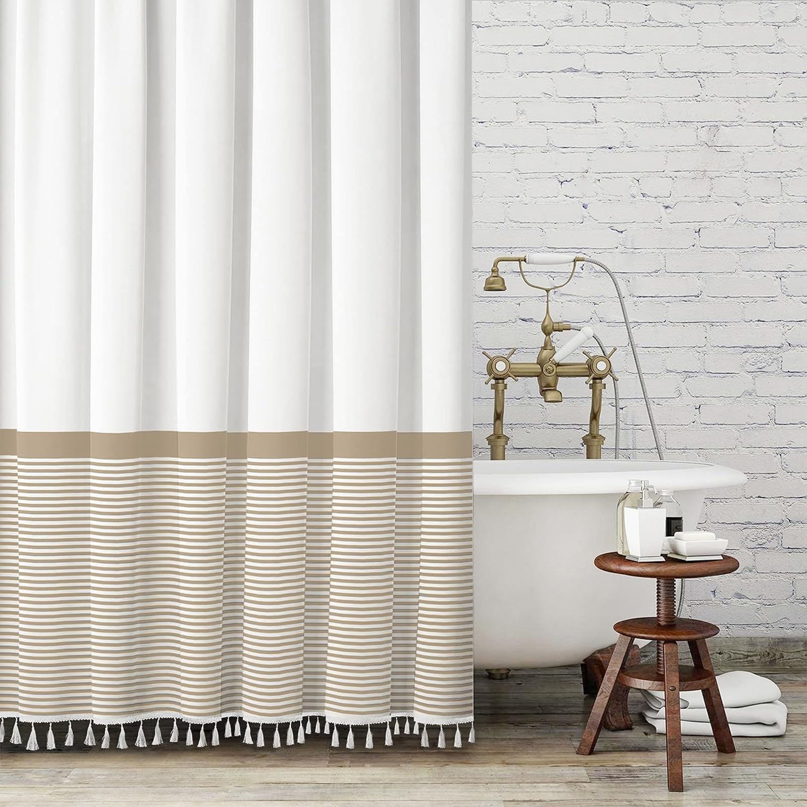 Seasonwood Tall Shower Curtain 78-Inch Height White And Beige Shower Curtain With Tassels Water Repellent, Wrinkle Free