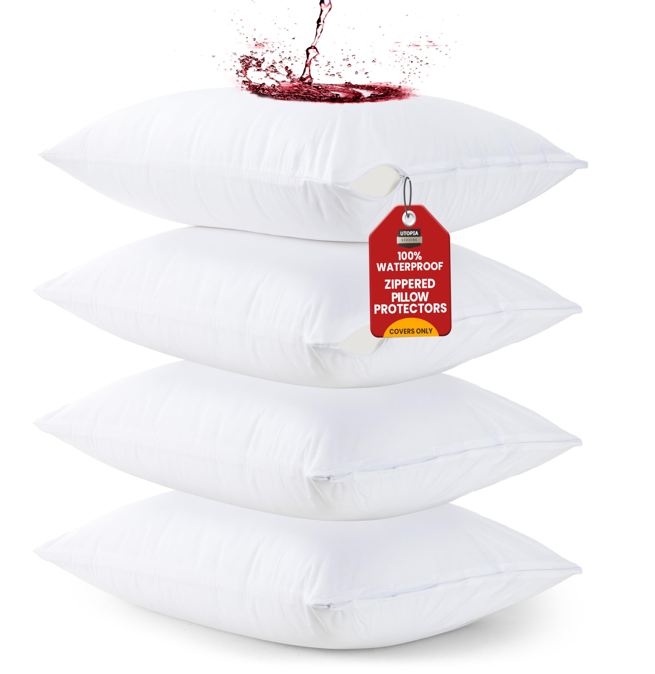 Utopia Bedding Waterproof Pillow Protector Zippered (4 Pack) Queen - Bed Bug Proof Pillow Encasement 20 X 28 Inches