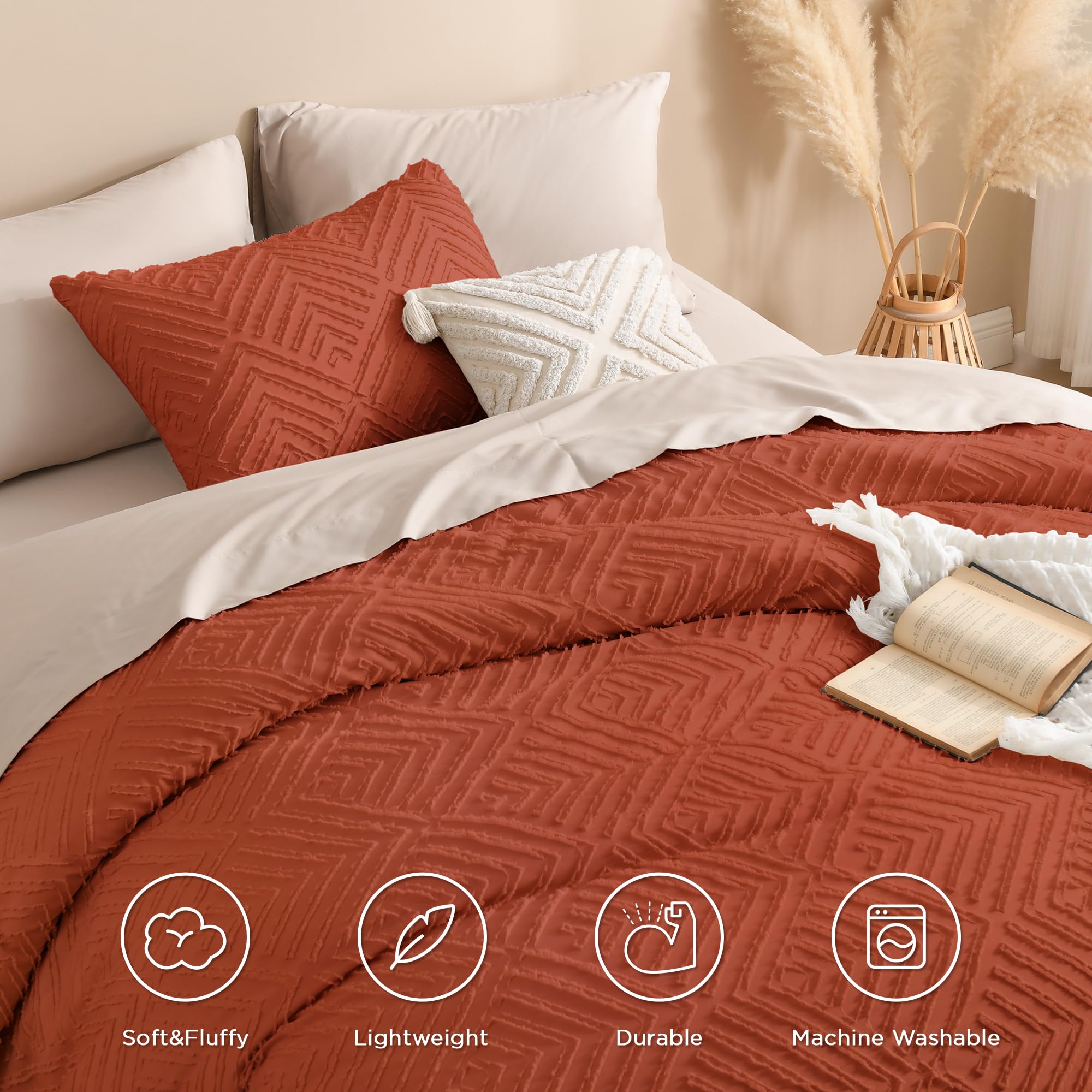 Andency Comforter King Size Set Burnt Orange, Terracotta Boho Fall Lightweight Bedding Comforters & Sets For King Bed, 3 Pieces Rust Tufted Bedding Set & Collections Soft Breathable All Season