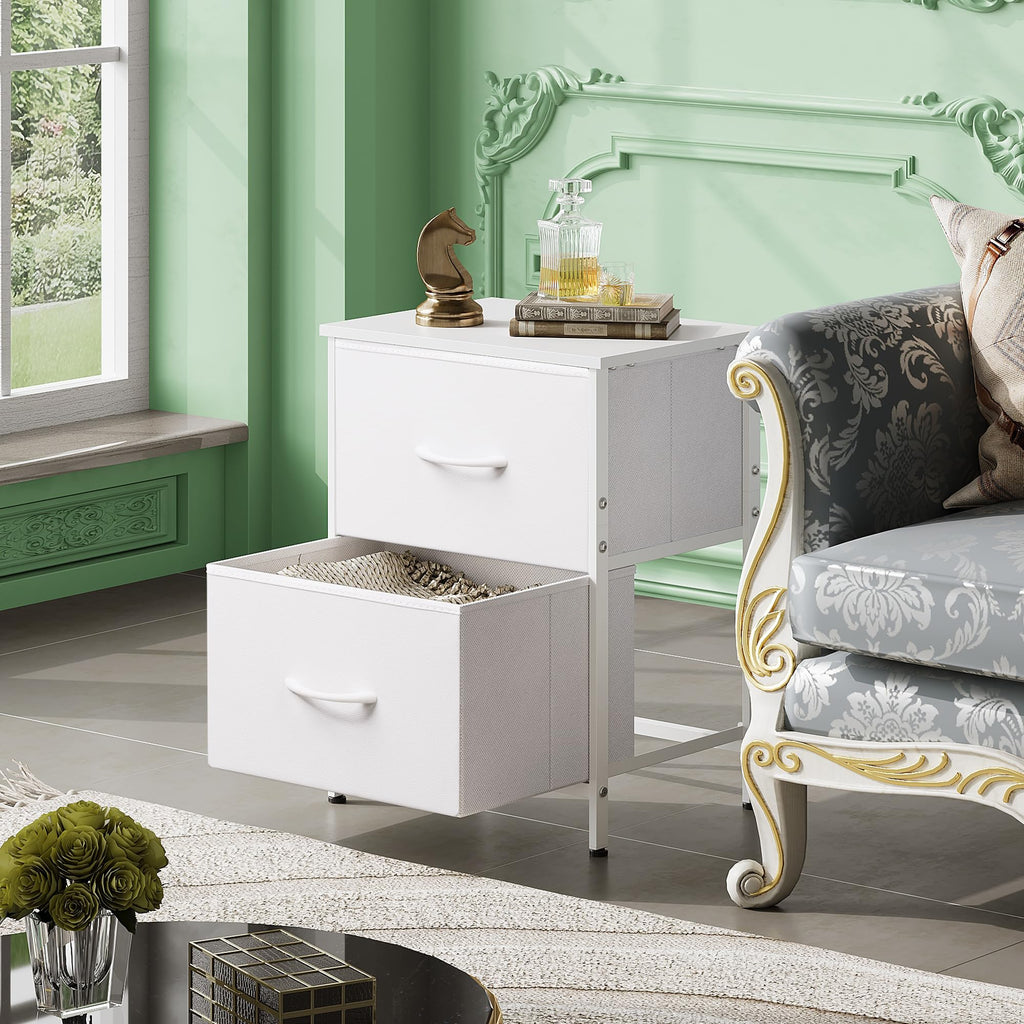 WLIVE White Night Stand with 2 Fabric Drawers and Wooden Top, Bedside Table for Bedroom