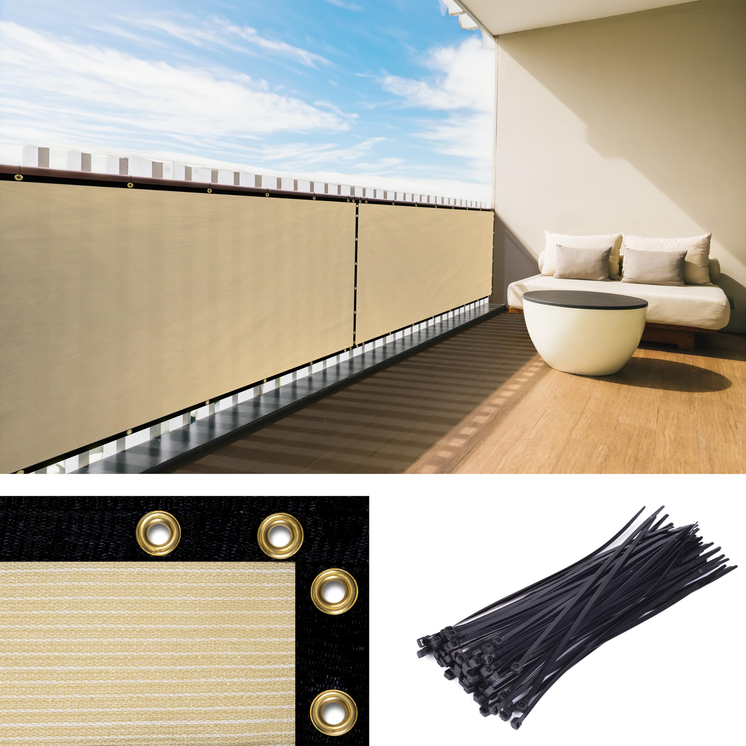 Royal Shade Custom Size 3  x 117  Beige Balcony Privacy Screen Apartment Above Railing Porch Patio Fence Windscreen Cover Nett