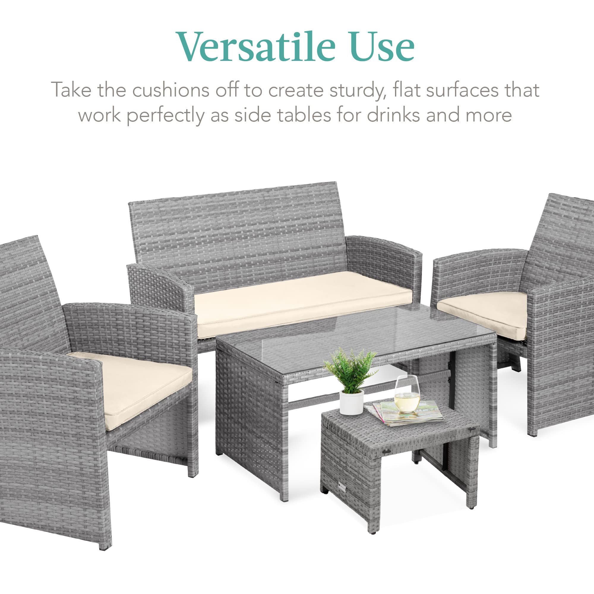 Best Choice Products Set Of 2 Wicker Ottomans, Multipurpose Outdoor Furniture For Patio, Backyard, Additional Seating, Footrest, Side Table W/Removable Cushions, Steel Frame - Gray/Cream