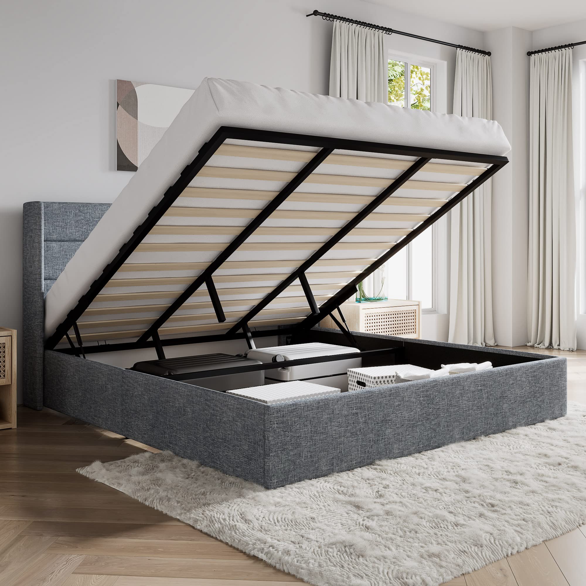 Sha Cerlin King Size Lift Up Storage Bed/Modern Wingback Headboard/Upholstered Platform Bed Frame/Hydraulic Storage/No Box Spring Needed/Wood Slats Support/Grey Blue