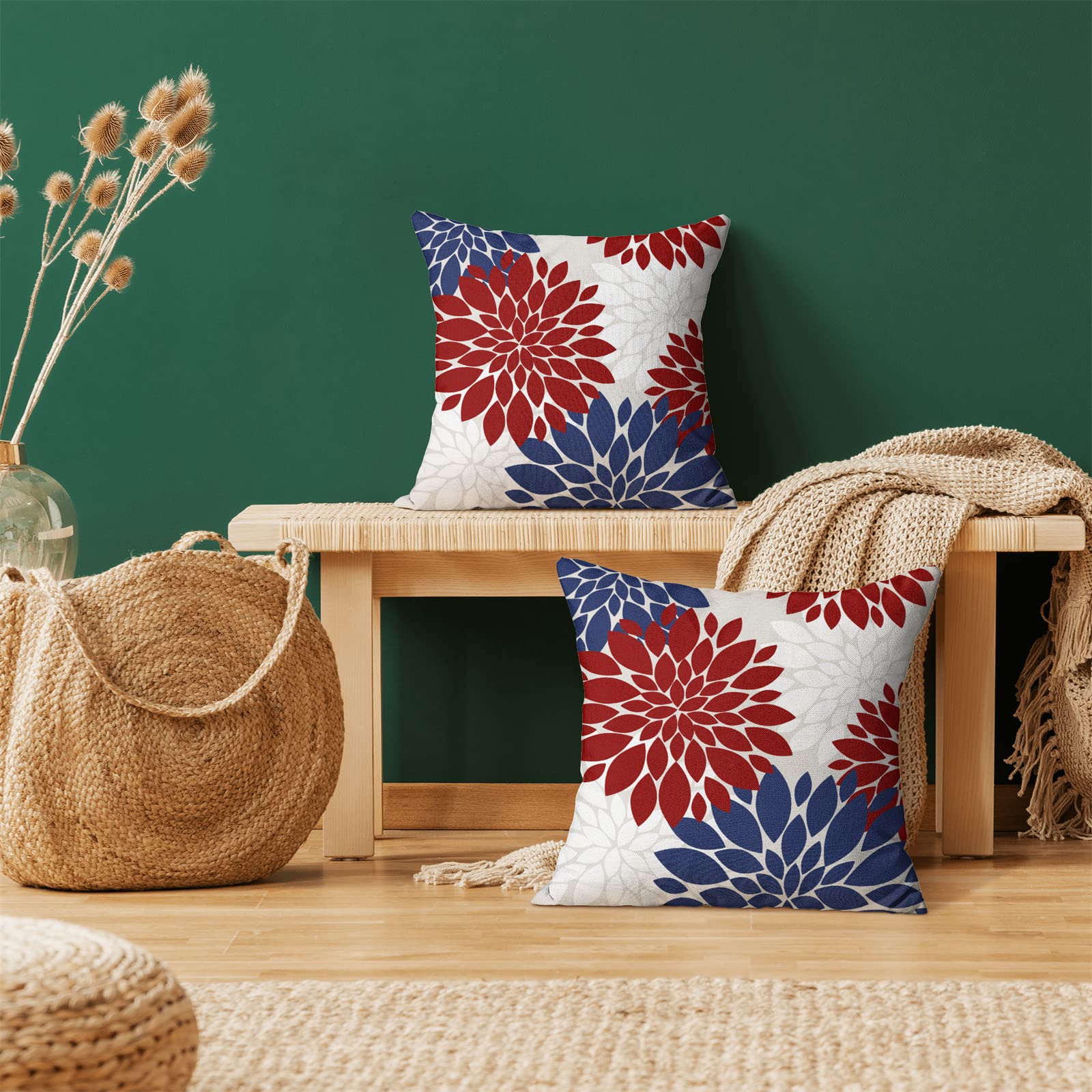 4Th Of July Pillow Covers 18X18 Inch Set Of 2 Patriotic Themed Navy Blue Red White Dahlia Floral Decor Throw Pillows Modern Geom
