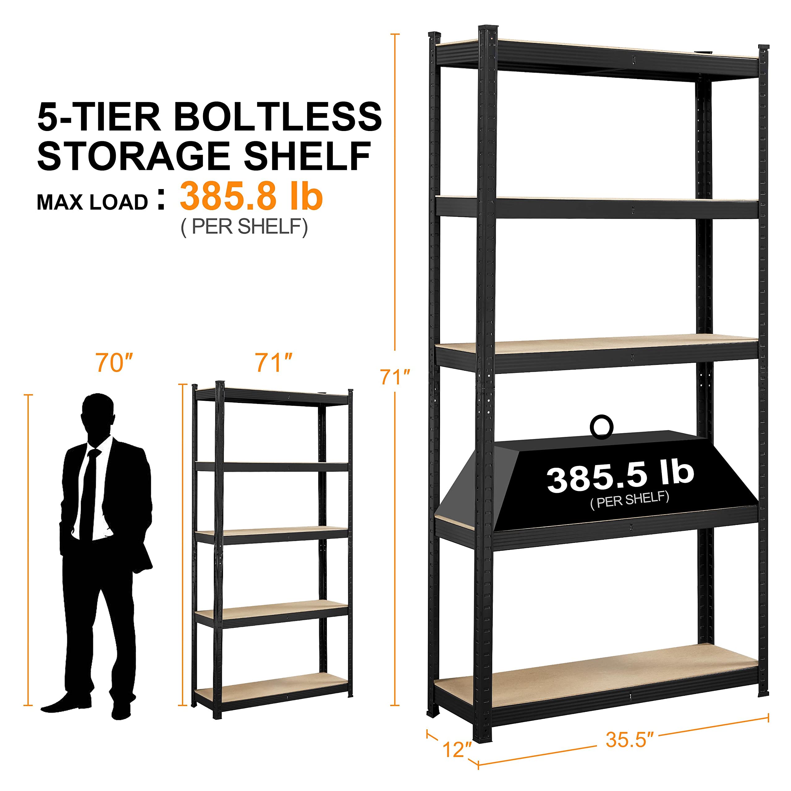 Topeakmart 5-Tier Utility Shelves, Metal Storage Shelves Garage Shelving Unit Adjustable Garage Storage Shelves Storage Racks Heavy Duty Shed Shelving- Black, 35.5 X 12 X 71 Inch