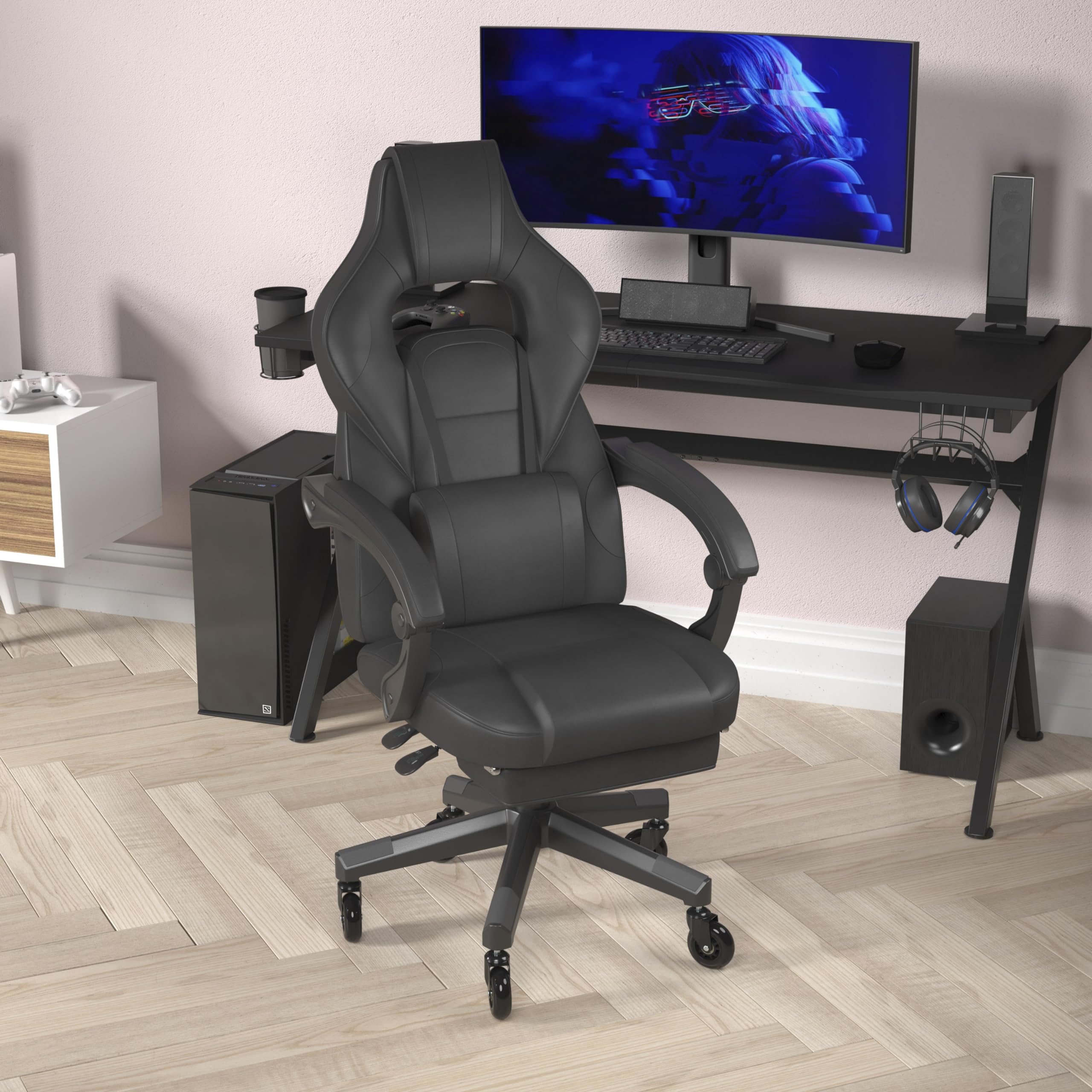 Flash Furniture X40 Gaming Chair Racing Computer Chair With Fully Reclining Back/Arms And Transparent Roller Wheels, Slide-Out Footrest, - Black