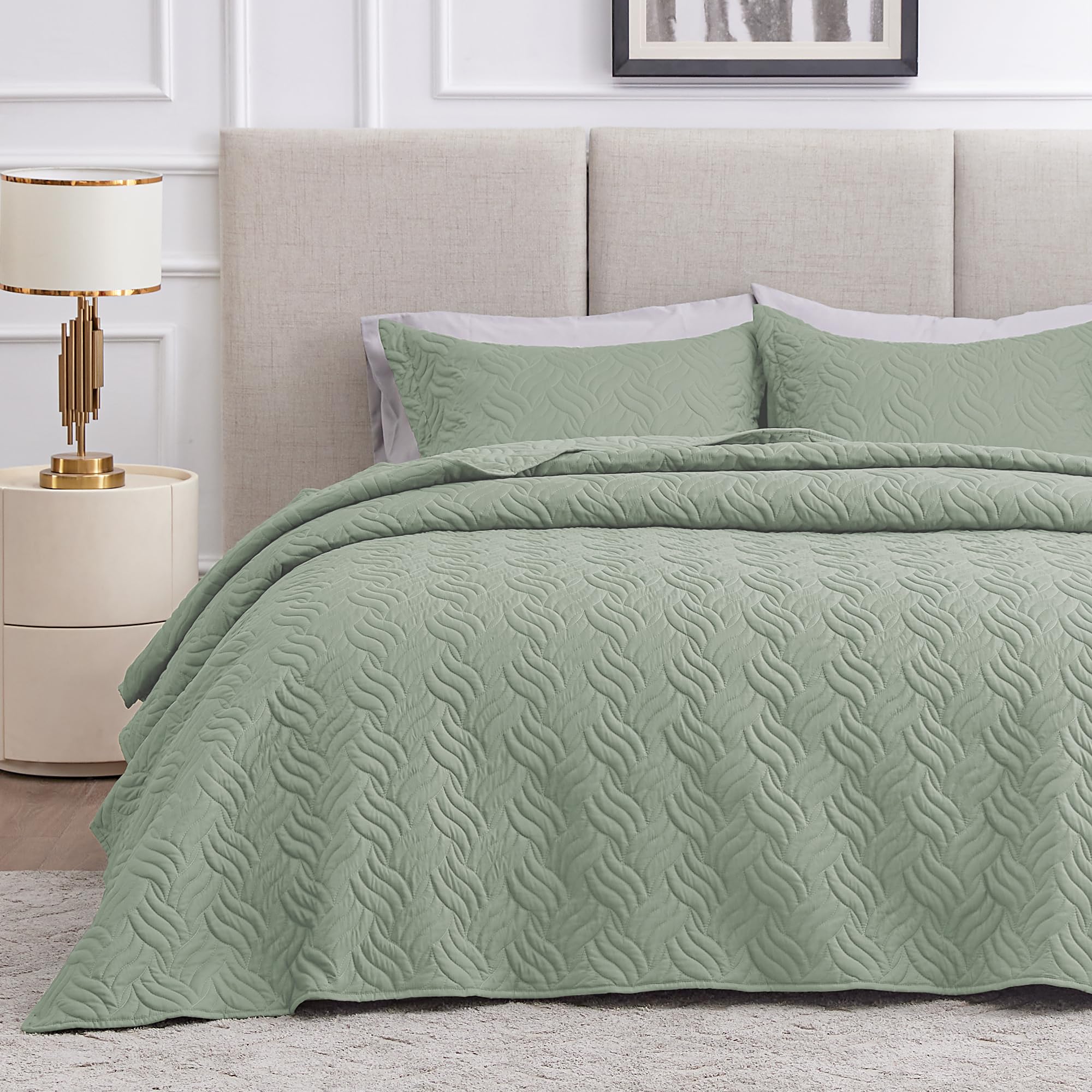 Love'S Cabin Twin Quilt Bedding Set Sage Bedspreads - Soft Bed Summer Quilt Lightweight Microfiber Bedspread- Wave Pattern Beddi