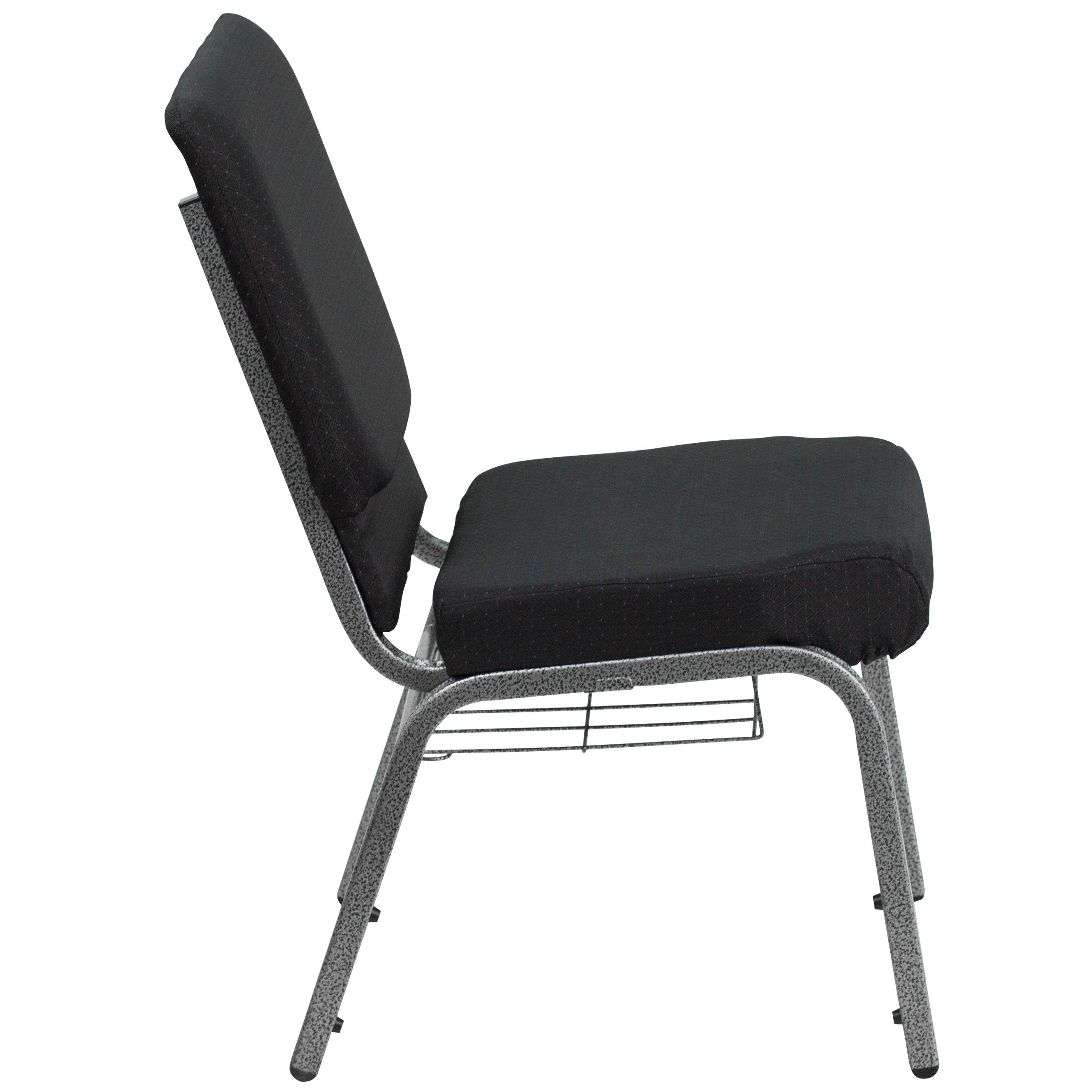 Flash Furniture HERCULES Series 18.5''W Church Chair in Black Patterned Fabric with Cup Book Rack - Silver Vein Frame